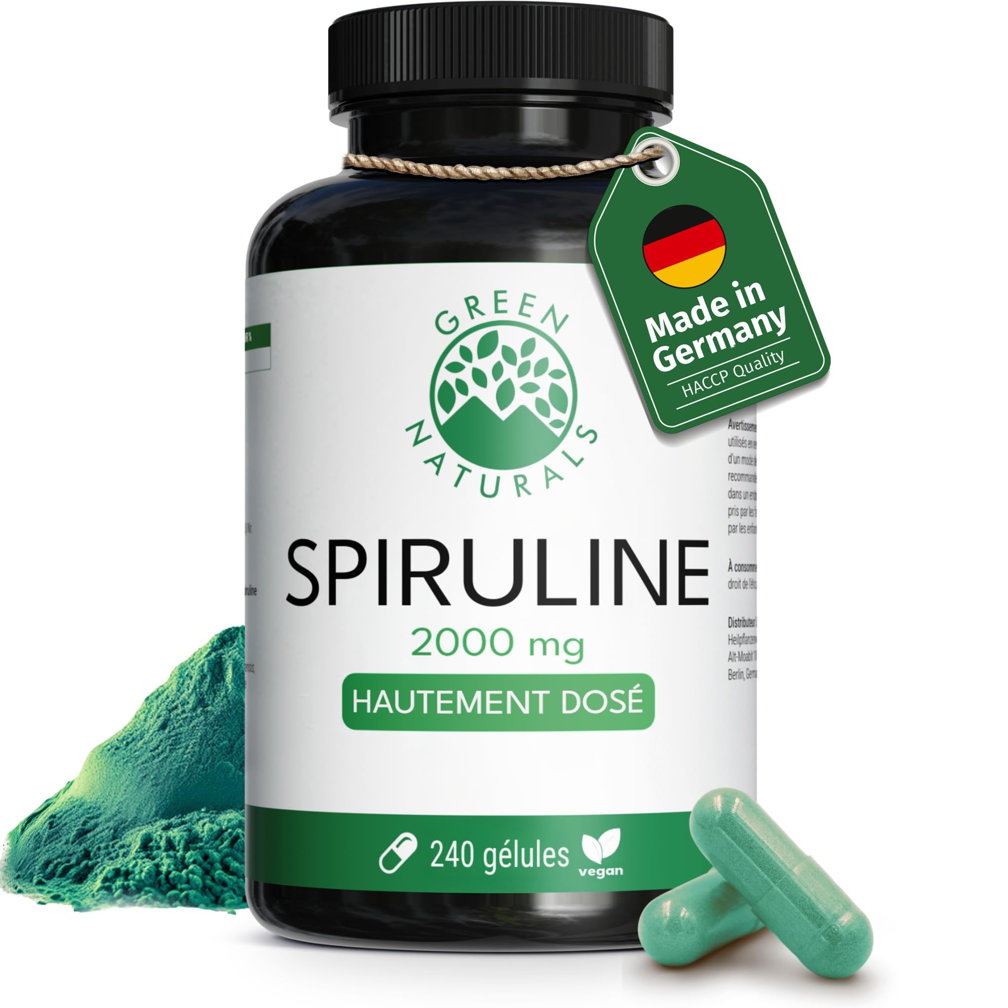 Green Naturals Spiruline 2 000 mg par jour – 240 gélules | Arthrospira platensis · Poudre pure · Vegan · Cure de 2 mois · Testé en laboratoire