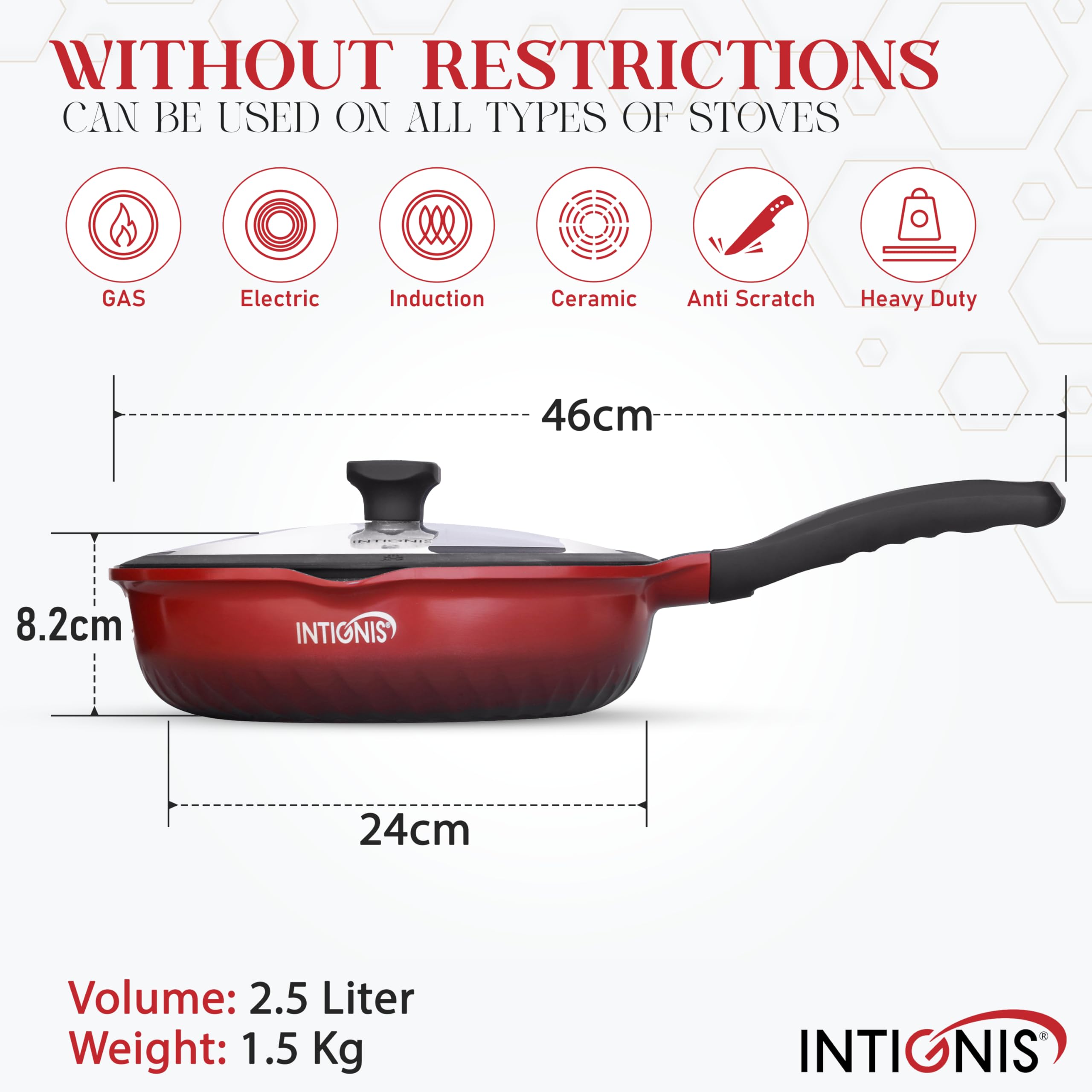 Sartén con tapa de 28 cm, antiarañazos, sartén profunda, compatible con inducción, mango resistente al calor, revestimiento de piedra Greblon alemana, olla sin productos químico (Rojo, 24 CM)