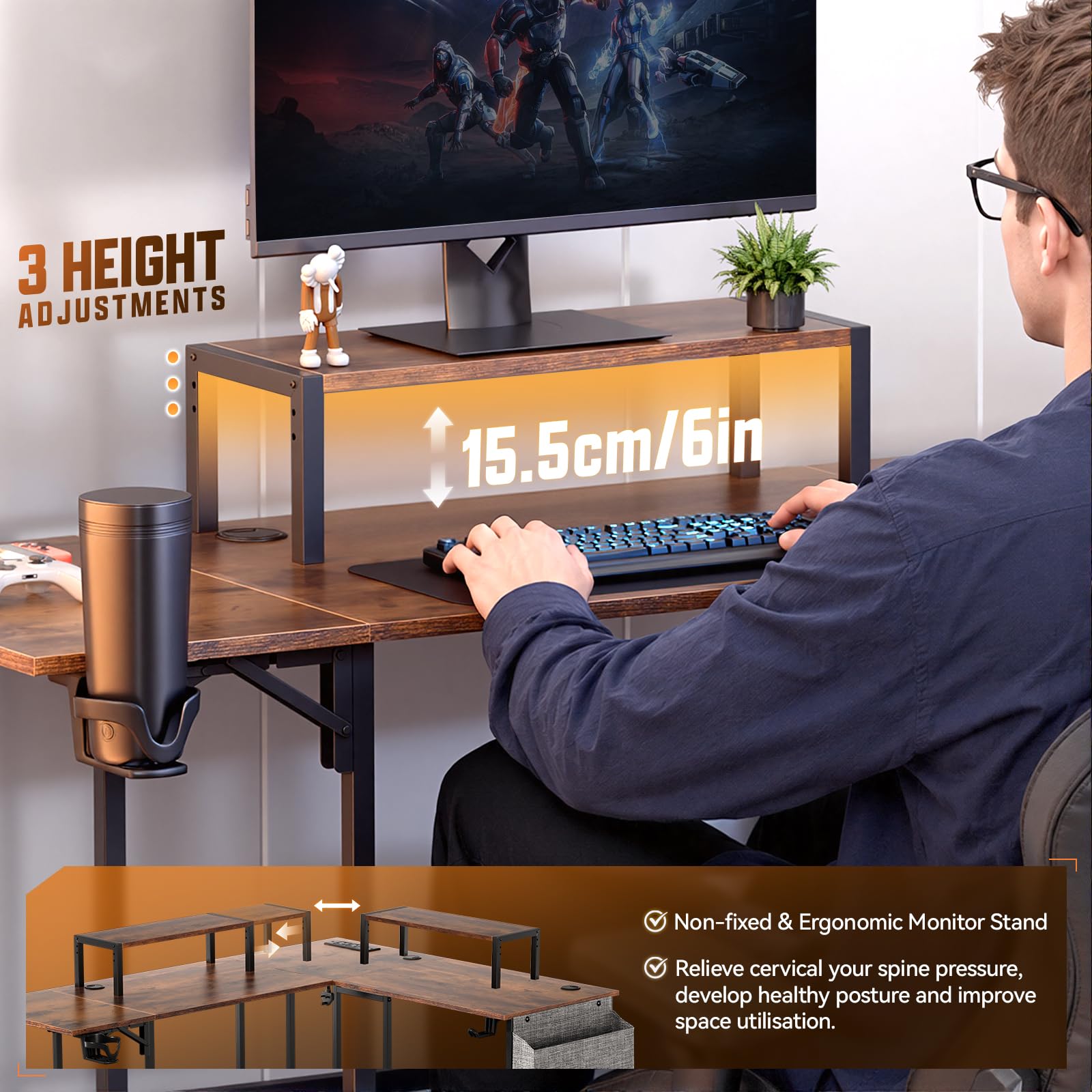 L Shaped Computer Desk with Folding Desk Extender Tray &Power Outlet, Brown, Rustic Brown, (120-220)cm×50cmx74 cm - Image 5