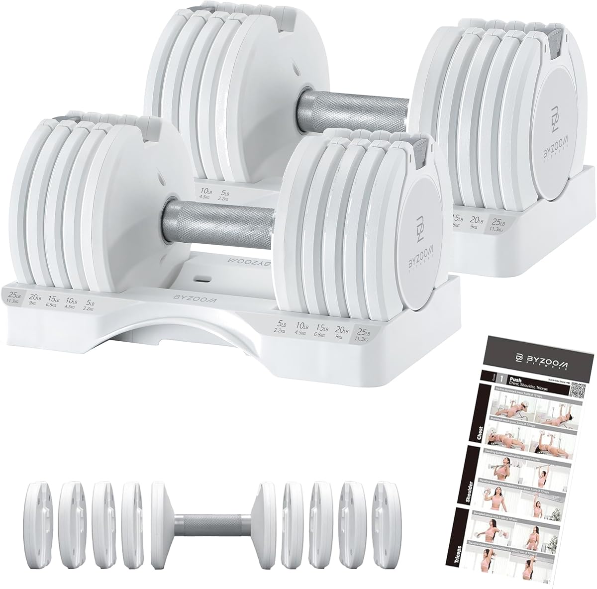 BYZOOM FITNESS Pure Series Adjustable Dumbbell - 12.5/25/27.5/75lb - ONE UNIT OR PAIR(check QTY before purchase) - 5-in-1/ 10-in-1 / 21-in-1 Flexible Hand Weights for Home Gym, Strength Training & Fitness Workouts, White OR Black