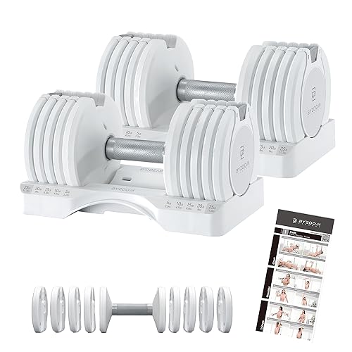 BYZOOM FITNESS Pure Series Adjustable Dumbbell – 12.5/25/27.5/75lb Single Unit OR Set of 2 – 5-in-1/ 10-in-1 / 21-in-1 Flexible Hand Weights for Home Gym, Strength Training & Fitness Workouts, White OR Black - Adjustable - 25lb White Pair