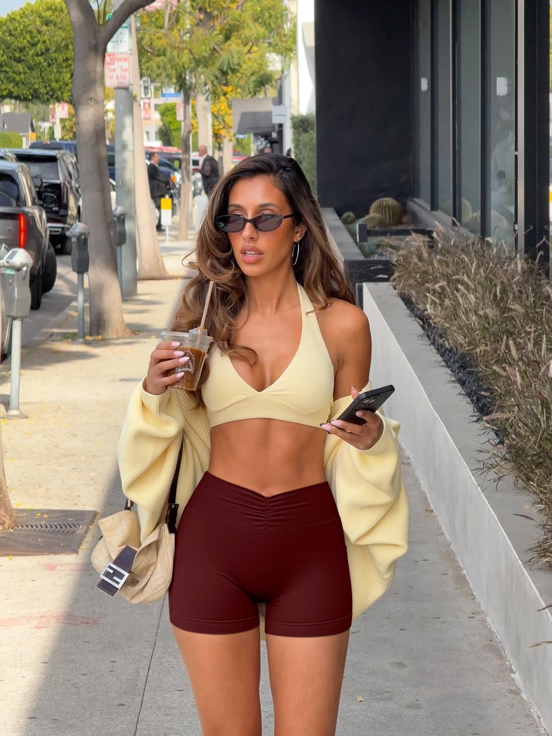 OQQ Women’s Mini Workout Shorts 2 Piece V-Shaped High Waist Stretchy Yoga Shorts with Pockets - Image 4