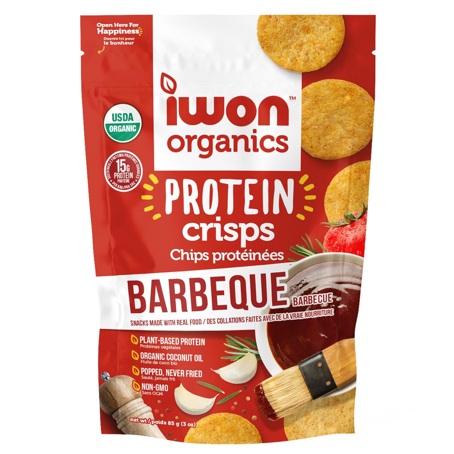 Iwon Organics Protein Crisps, Barbecue, Vegan Friendly, Kosher, USDA Certified Organic, Gluten Free & Non-GMO, 3 Ounce (Pack of 8)