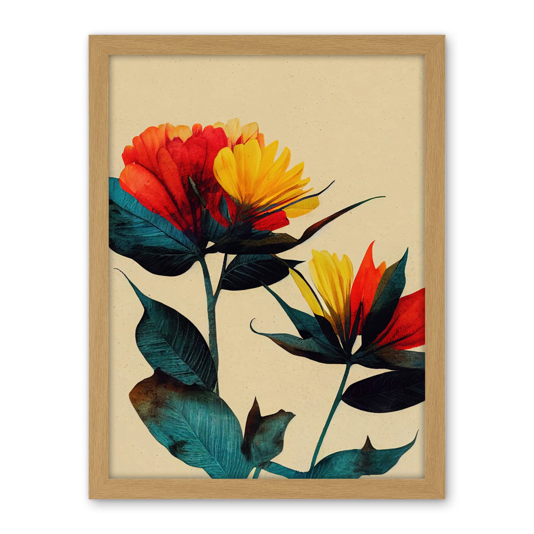 Wee Blue Coo Botanical Bold Flowering Yellow Red Teal Artwork Framed Wall Art Print 18X24 Inch