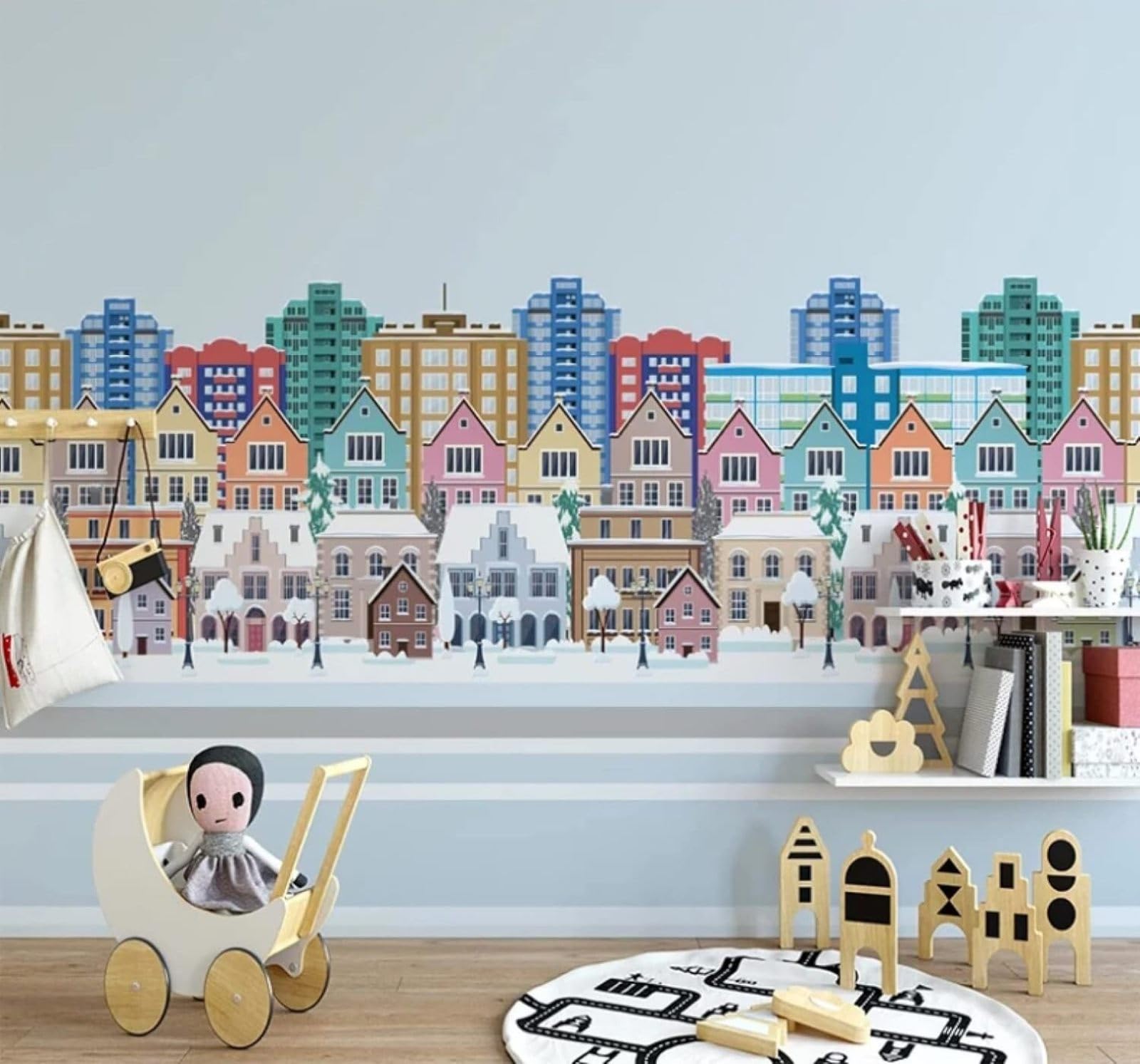 XLMING Cartoon Colourful City Architecture Houses Trees 3D Wallpaper Luxury Home Dining Decor Paste Sofa Living Room The Wall for Bedroom Mural-250cm×170cm