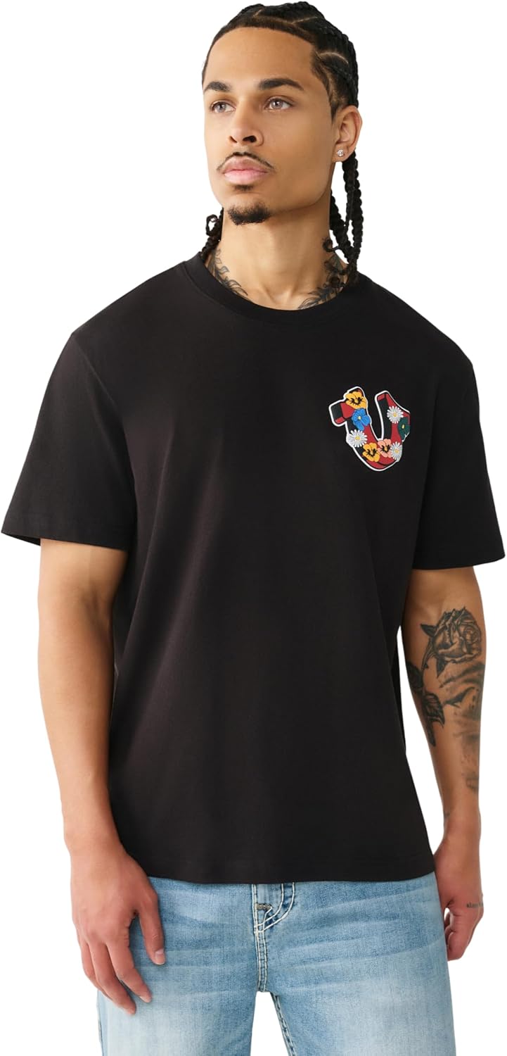 True Religion Men’s Garden Shoey Oversized Heavyweight Tee – Puff Print, Crewneck, Graphic Design
