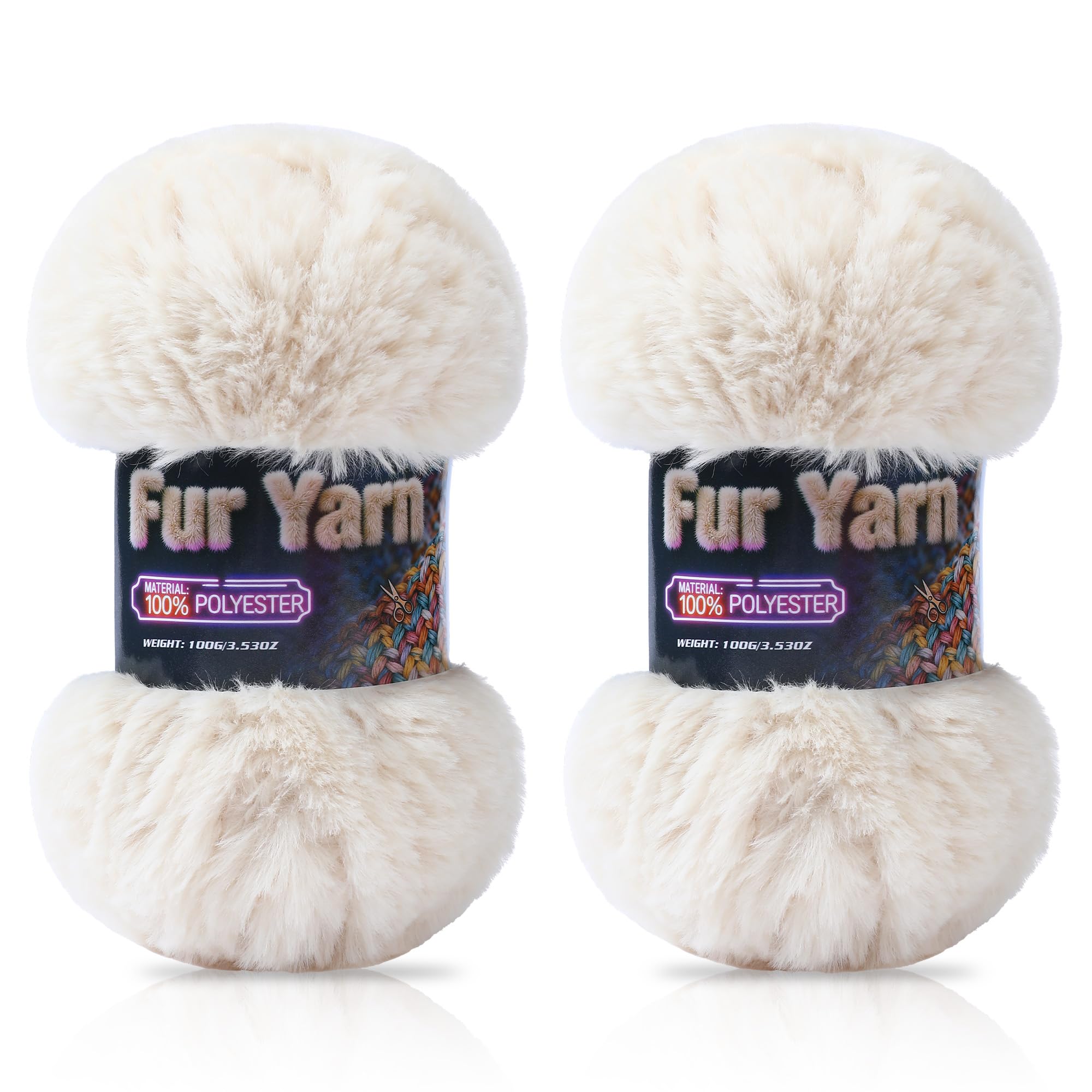 Faux Fur Yarn Soft Fluffy for Crocheting - 2 Skeins(Each 3.5oz/100g, 71yd/65m) - Chunky & Fluffy Yarn for Crochet Amigurumi, Blankets, Hand Knitting, Scarves &Crafts (2, Beige)