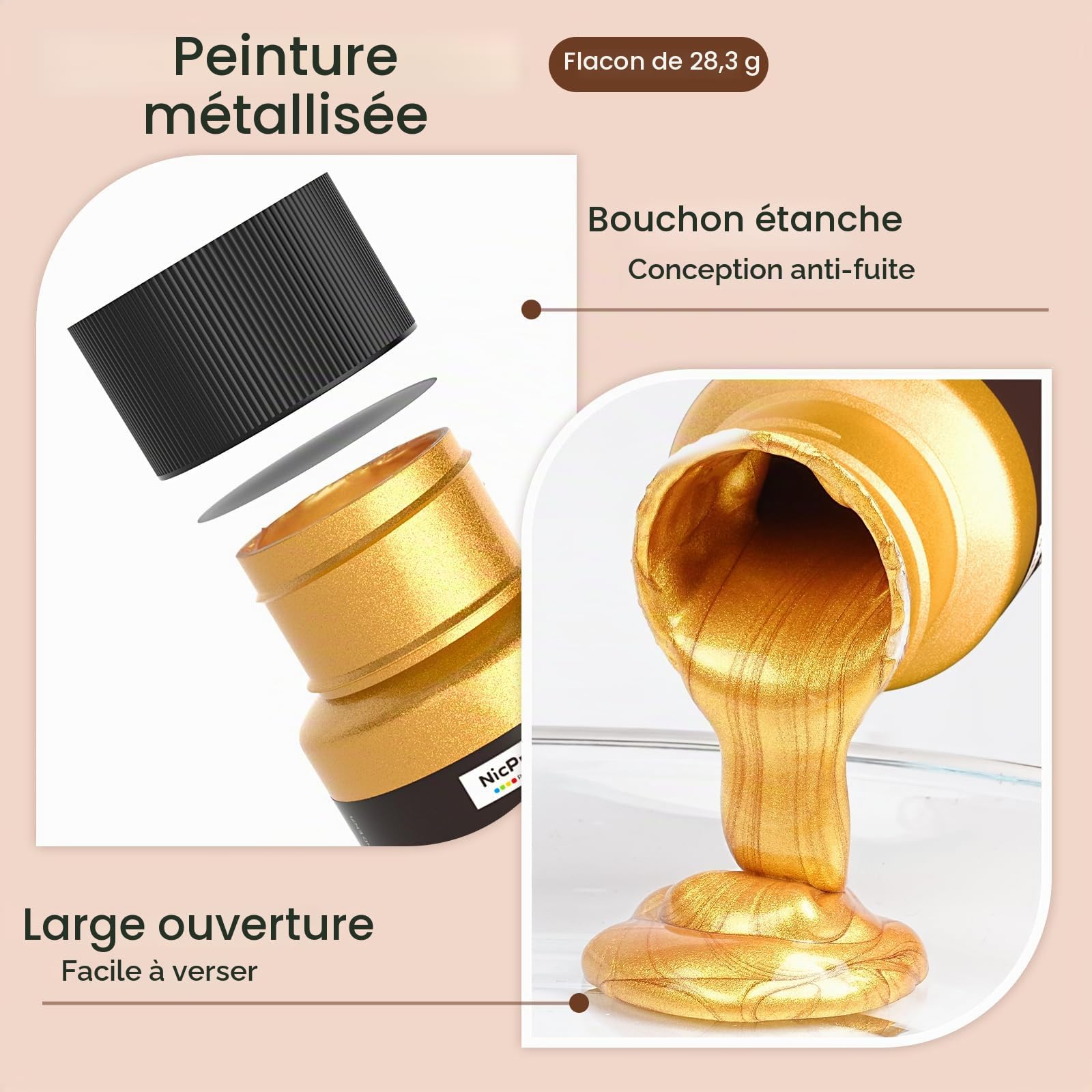 Nicpro Peinture Acrylique Métallisée 12 Couleurs X 30 ml, Non Toxique, Brillance Métallique Résistante À La Lumière, Peinture Acrylique pour Tous Types De Surfaces : Toile, Bois, Argile Et Métal