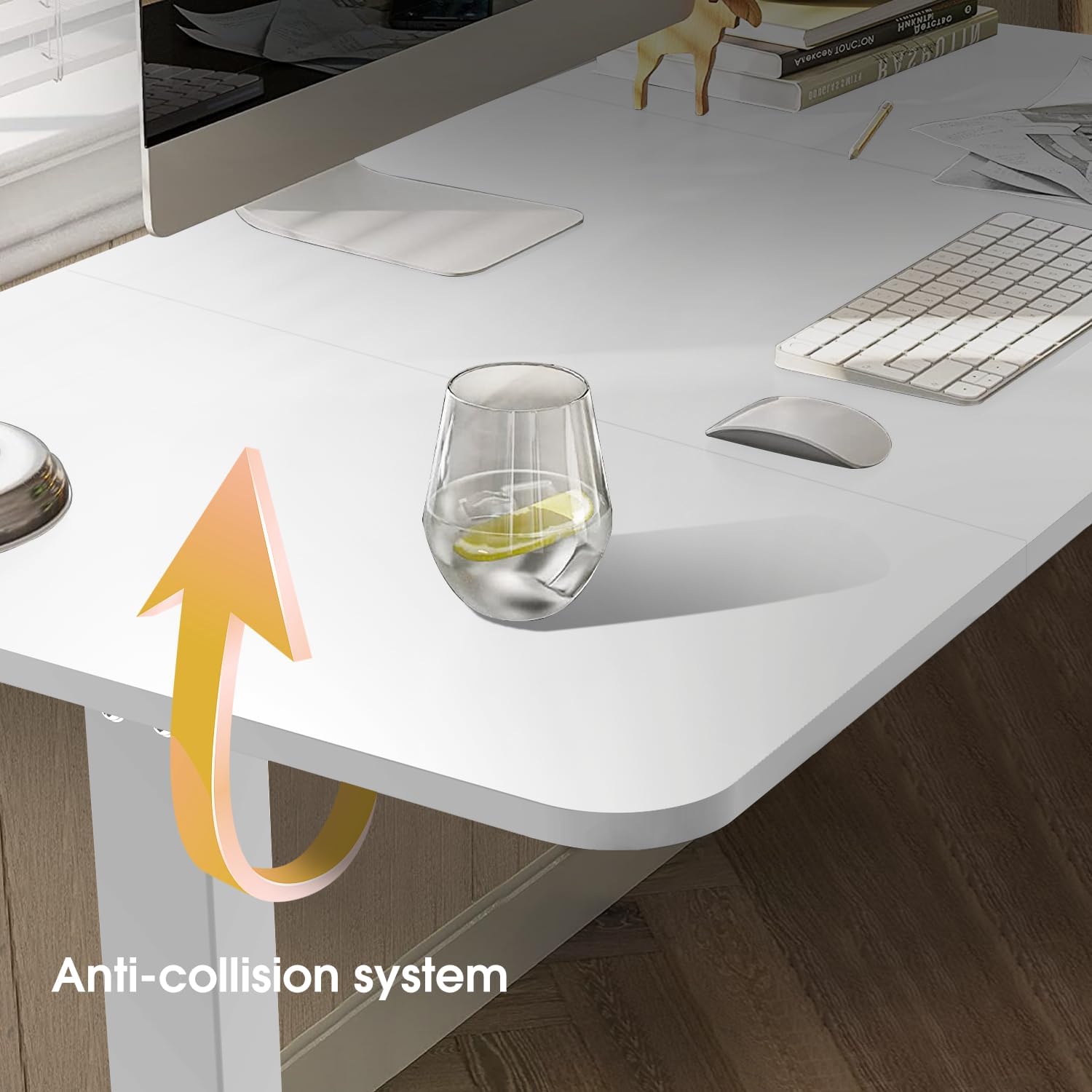 Image illustrating the anti-collision system of the Devoko desk, showing an upward arrow indicating automatic stop when an obstacle is detected.