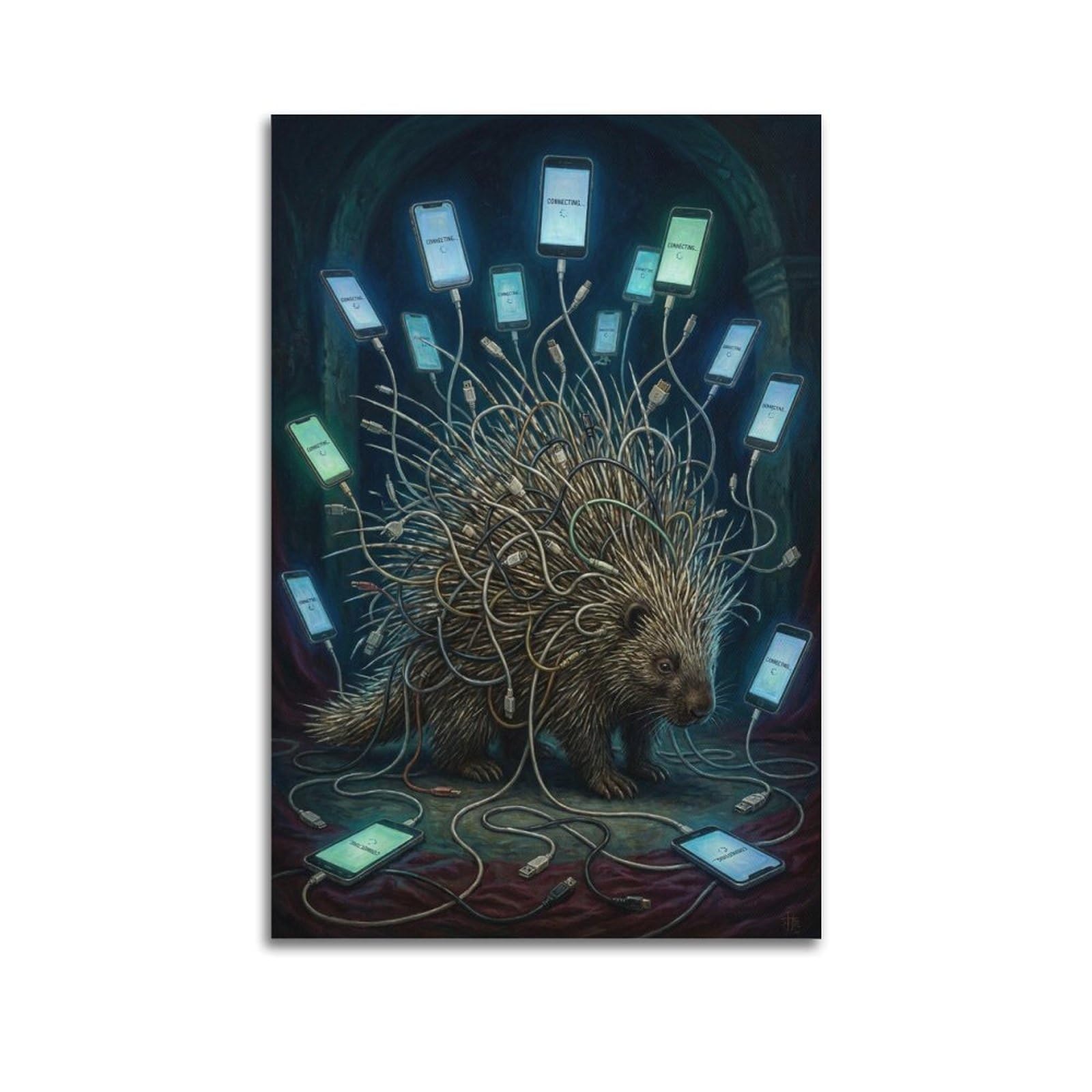 XKUGA Surreal Vintage Animal Poster Hedgehog Phone Cable Lonely Satire Modern Decorative Canvas Prints - Ideal Wall Art for Family, Man Cave, Game Room, Boys & Girls Bedroom 20x30inch(50x75cm)
