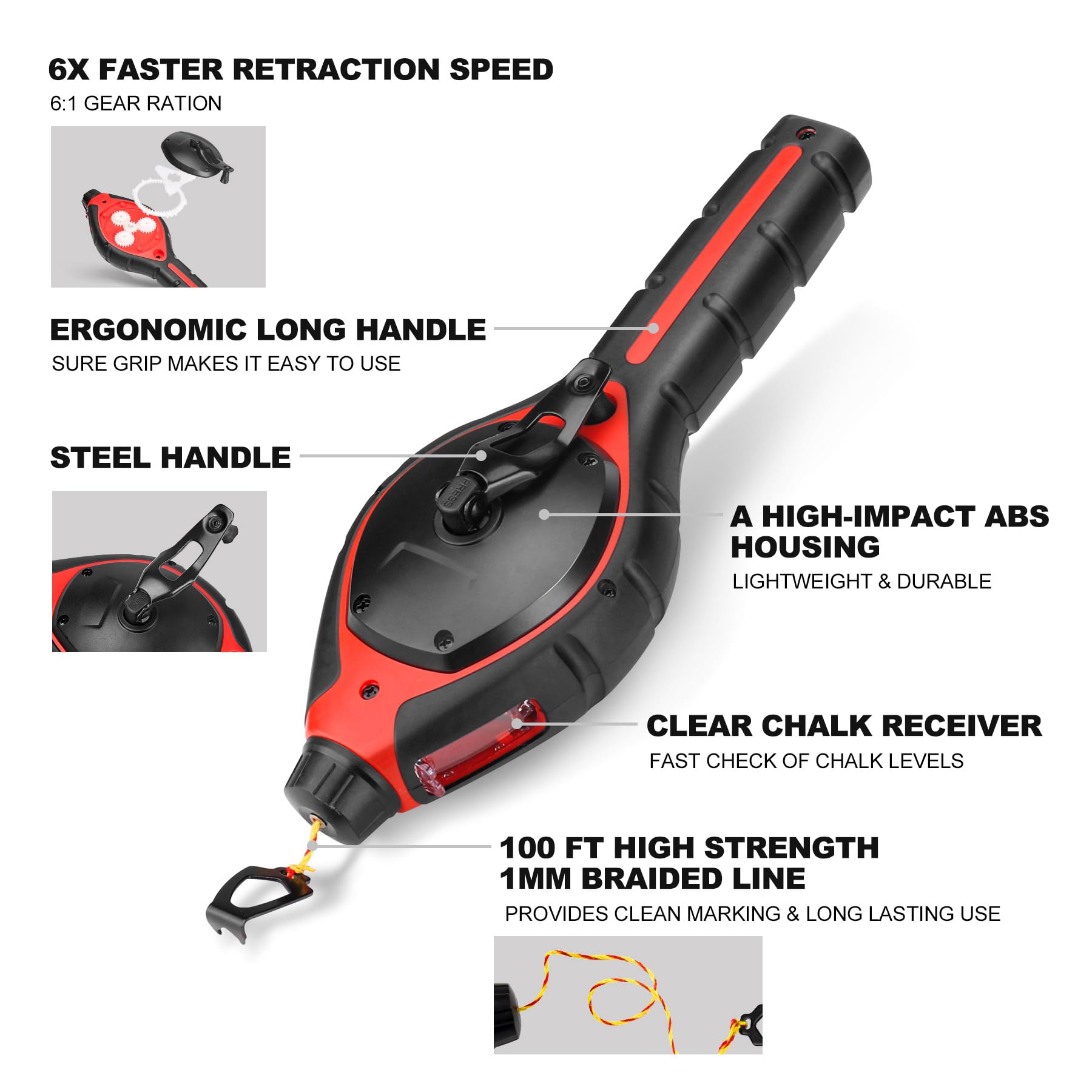 HAUTMEC Pro Chalk Line, 30m/100ft Chalk Line Reel with 6:1 Gear Ratio, Rubber Long Handle, Easy Top Loading - Image 2