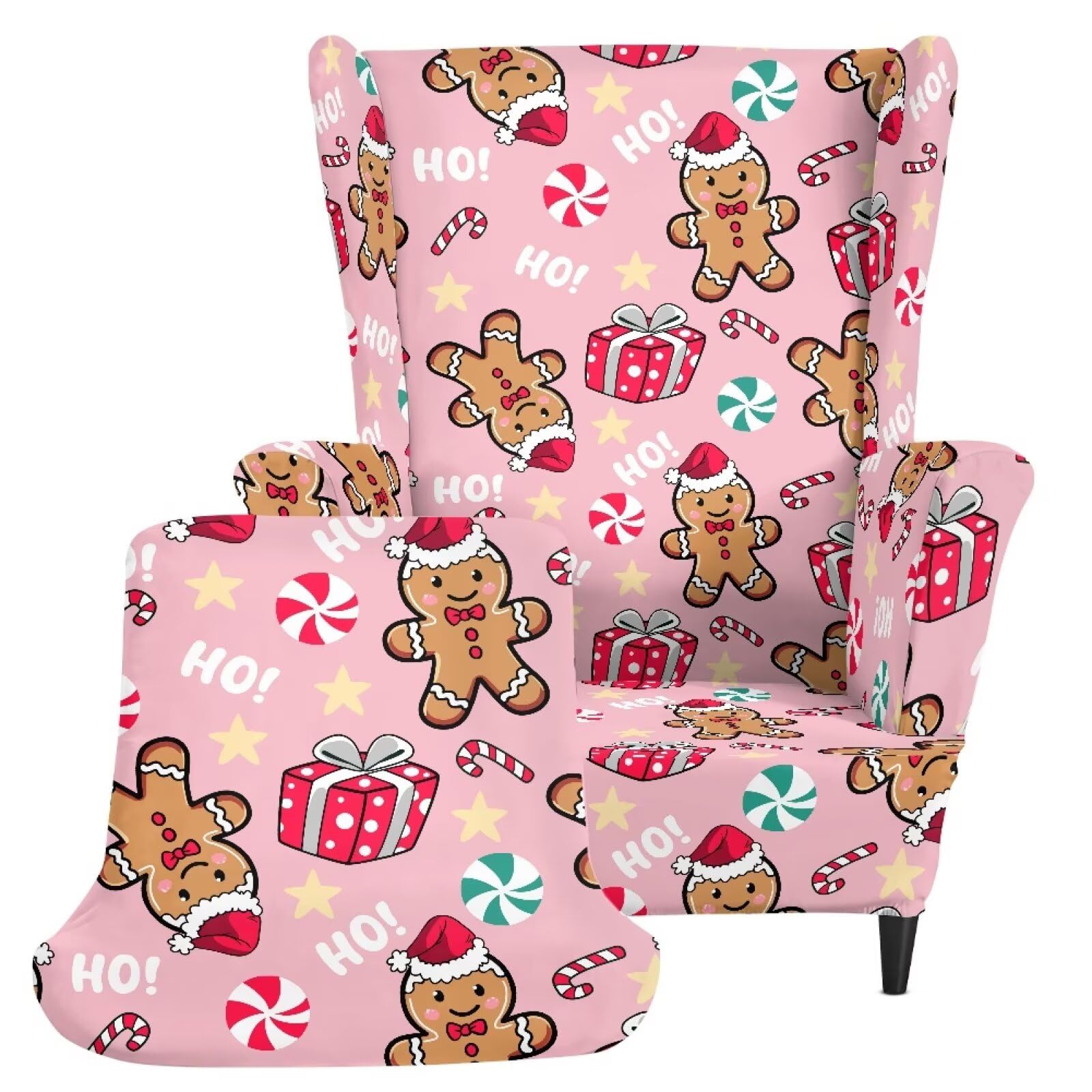 Biyejit Pink Christmas Gingerbread Cookie Candy Wingback Armchair Cover — image 1