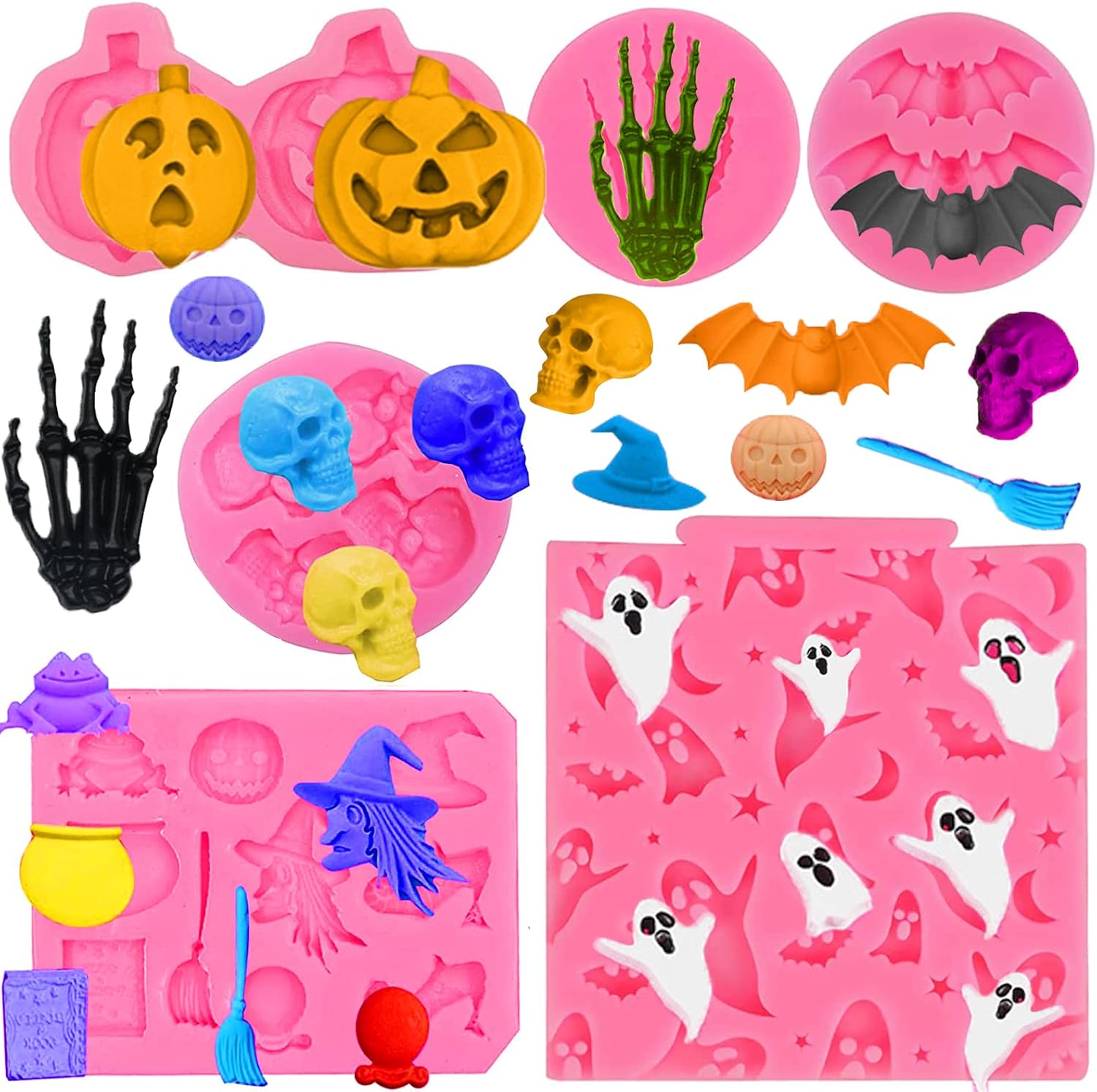 Rainmae 6 Pcs Halloween Silicone Molds, Halloween Bat Pumpkin Spider Owl Ghost Fondant molds, Party Cupcake Topper Decorating Tools, DIY Chocolate Candy Mold Gum Paste Polymer Clay Epoxy Resin Mould