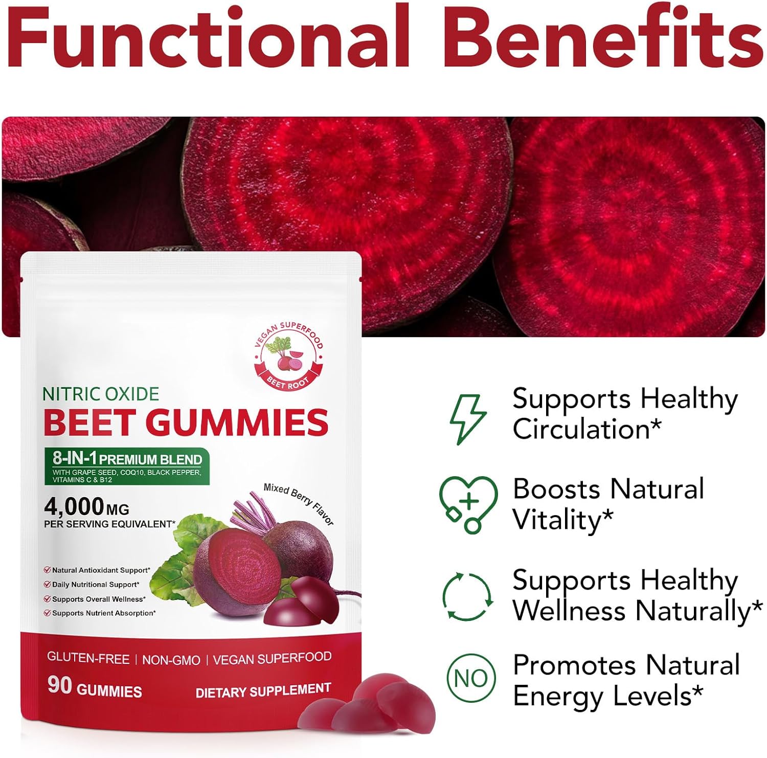 Beet Root Gummies,180 Heart Health Chews for Blood Pressure Support Supplements,Red Beets Supplements with Beetroot, Grape Seed, Coq10,B Vitamins,Vegan, Non-GMO,90 Beet Chews