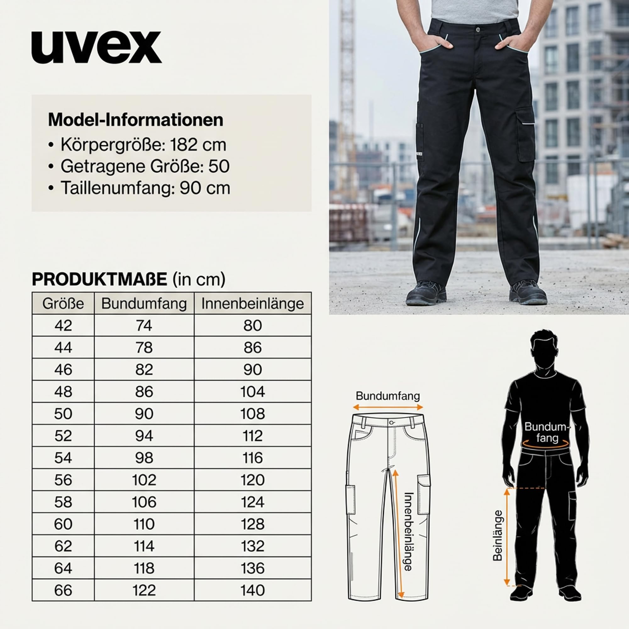 Uvex Tune-up Light męskie spodnie robocze, 2-kierunkowy stretch, lekkie, wytrzymałe, elastyczne, kieszenie cargo i kieszeń na calówkę
