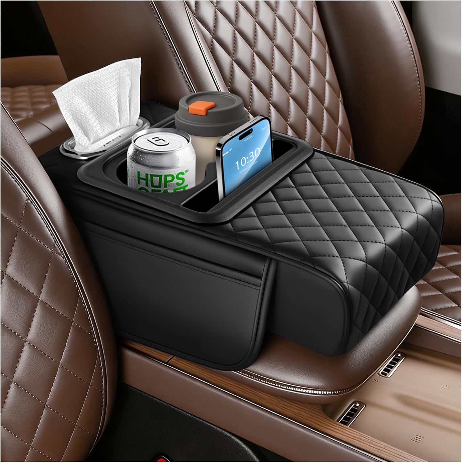 2026 New 5 in1 Car Armrest Storage Box,Multifunctional Leather Car Armrest Box Pad with Cup Holder & Phone Holder & Storage Bag,Comfortable Center Console Cover for Elbow Support