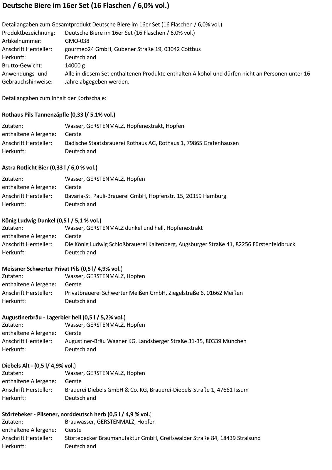 Deutsche Biere im 16er Set (16 Flaschen / 6,0% vol.)