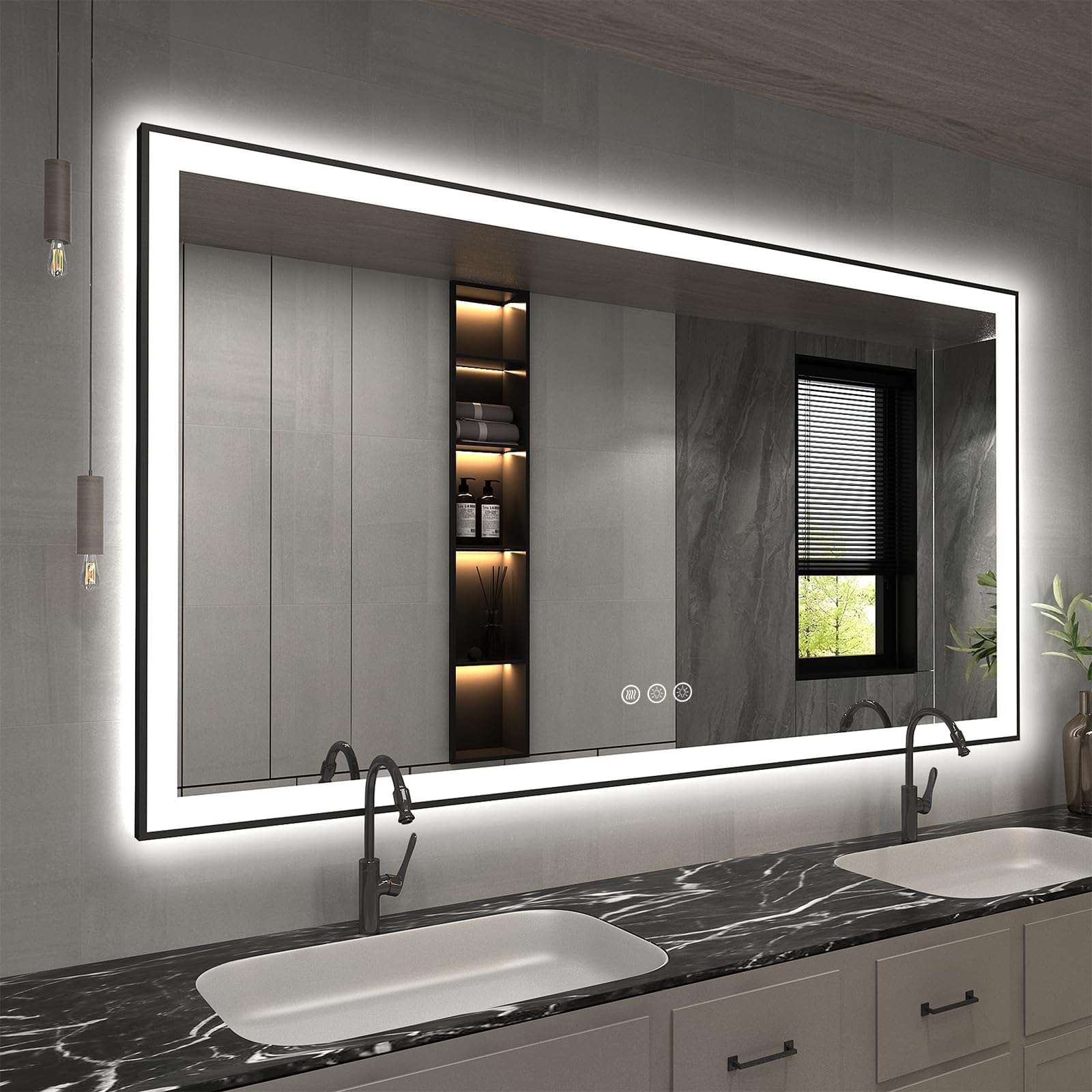 60x36 LED Bathroom Mirror, Large LED Vanity Mirror for Wall, Backlit and Front Lighted, Black Framed, Dimmable, Anti-Fog