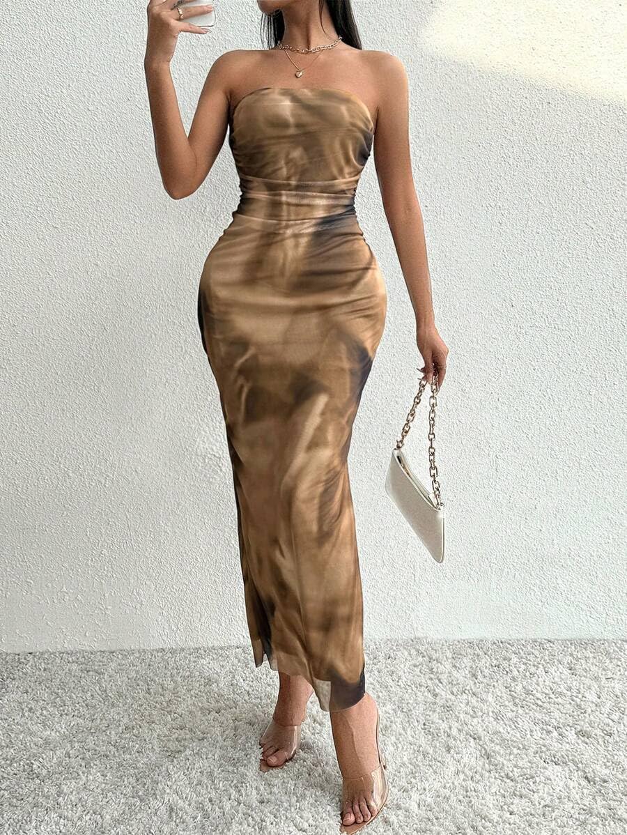 LIGHT DOT Women's Ruched Strapless Bodycon Dress Elegant Tie Dye Midi Guest Dresses Formal Outfits Date Party - Image 5