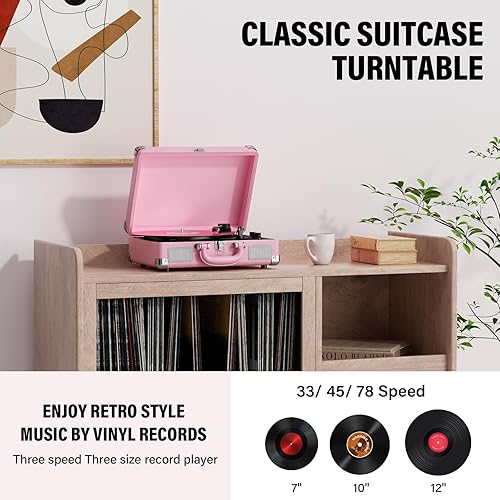 Miniatura 6 de Tocadiscos de vinilo portátil de 3 velocidades Bluetooth con maleta con altavoces incorporados, salida de línea RCA auxiliar en conector de
