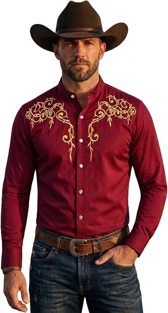 ZEROYAA Mens Western Embroidery Banded Collar Dress Shirts | Cowboy, Mandarin Collar, Slim Fit, Long Sleeve