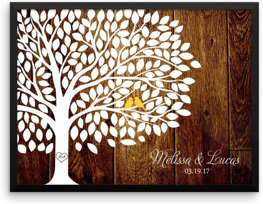 Wedding Tree Guest Book Alternative Poster, Print, Framed or Canvas, 200 Signatures Rustic Wood Background - Custom and Personalized