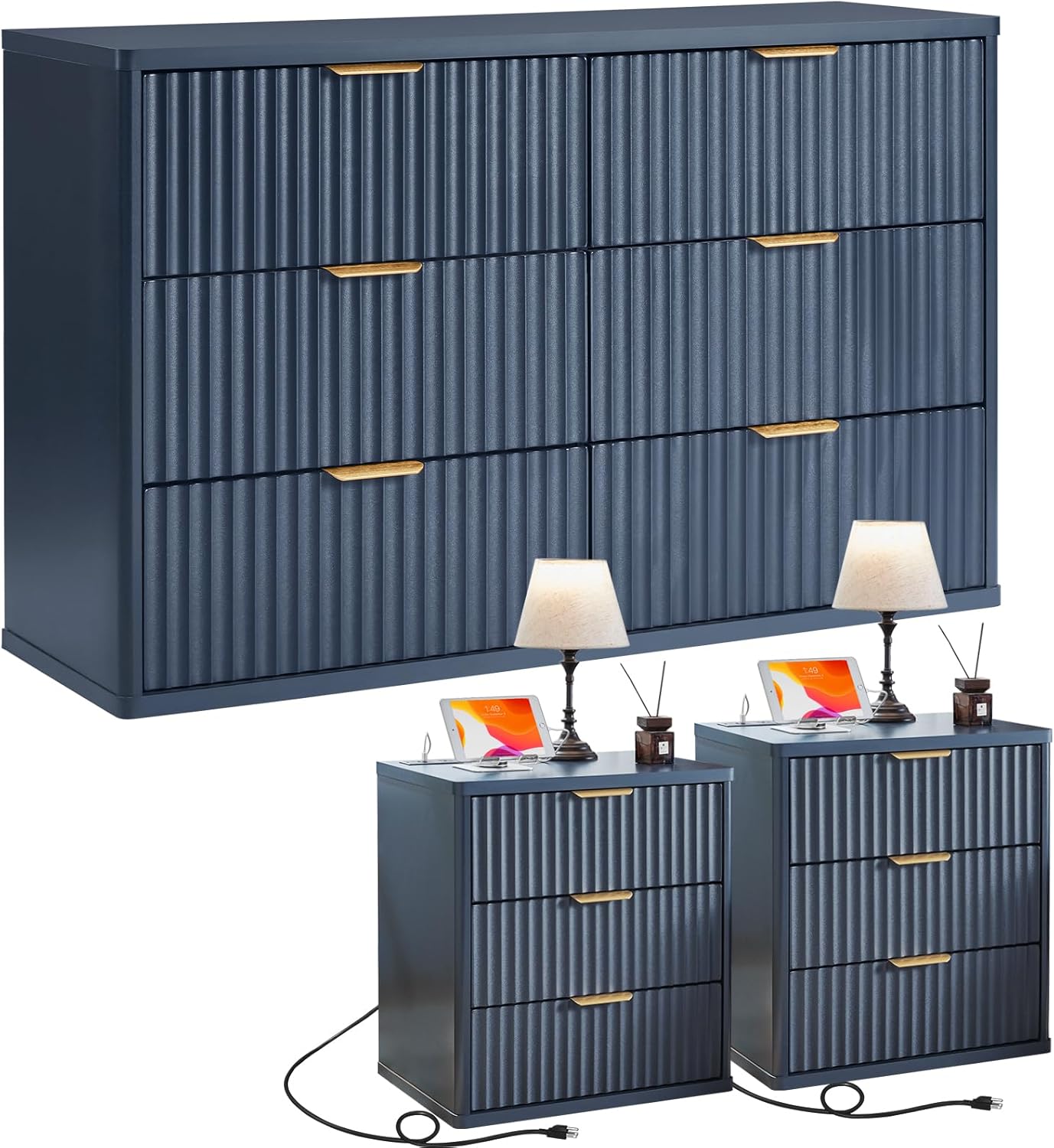 LEYAOYAO Fluted Dresser and 3 Drawers Nightstand Set of 2, Wood 48" Wide Dresser & 23" Night Stand with Charging Station, 3 Piece Bedroom Furniture Set, Chest of Drawers for Home,Living Room,Nave Blue