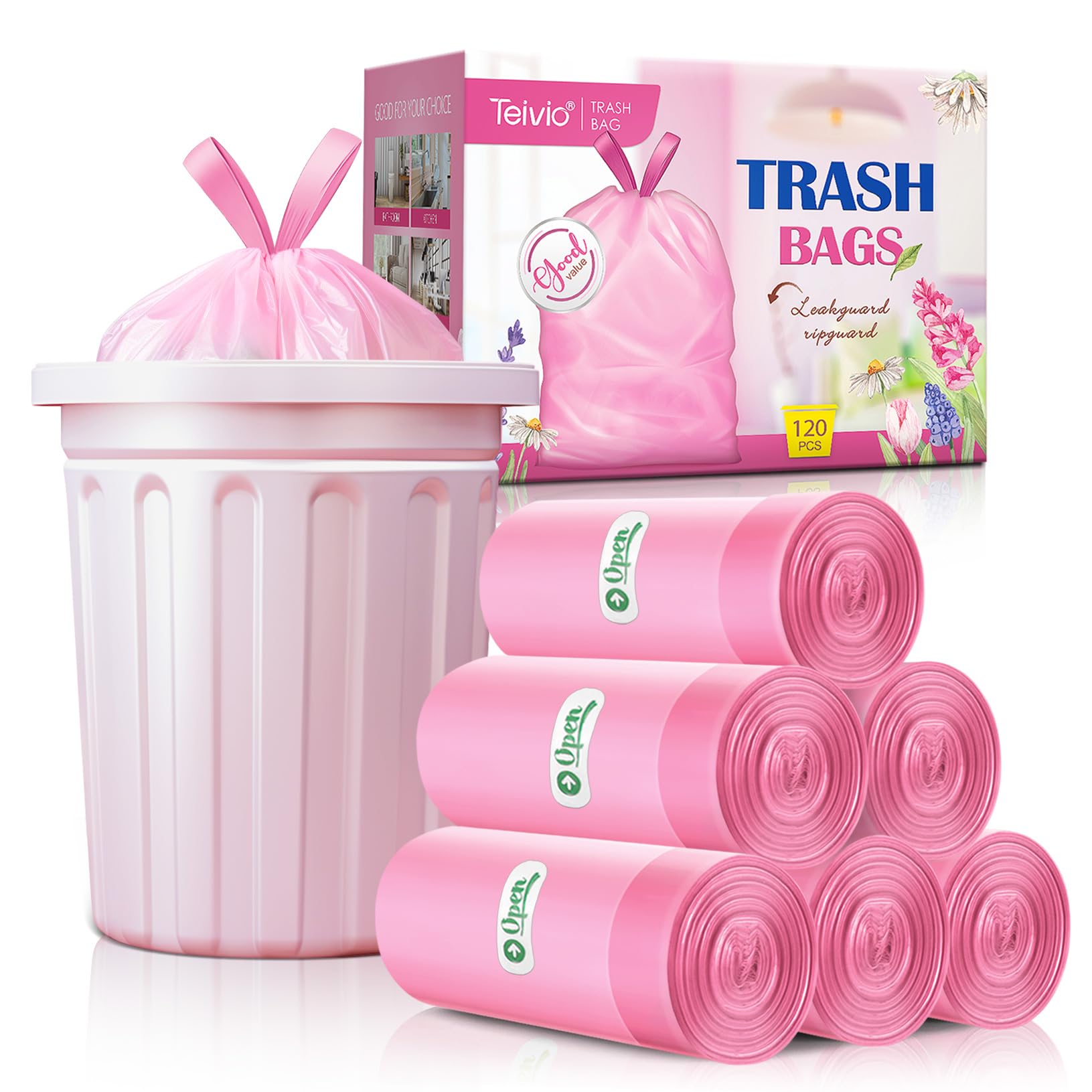 4 Gallon 120 Counts Strong Drawstring Trash Bags Garbage Bags by Teivio, Bathroom Trash Can Bin Liners, Small Plastic Bags for home office kitchen, Pink