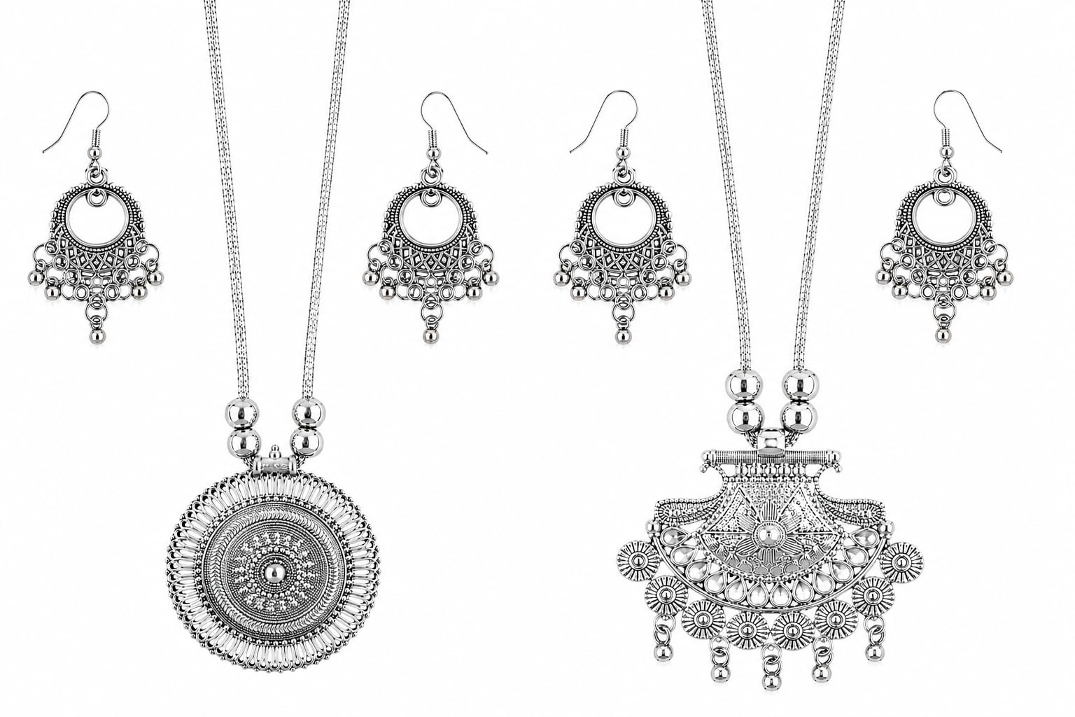 Oxidised Silver Pendant Necklace Set with Matching Earrings, Traditional Ethnic Style, Combo of 2-image-18