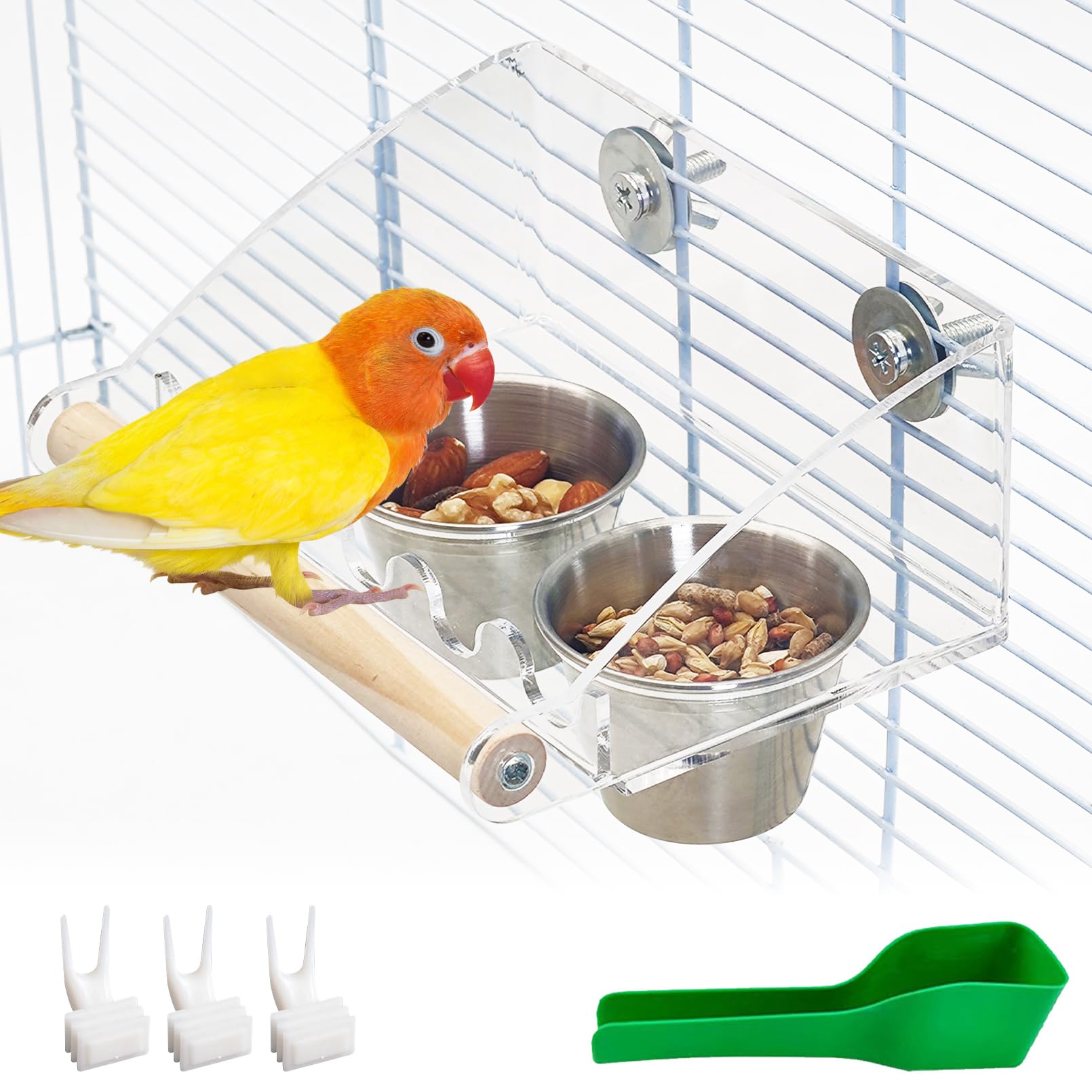 BNOSDM Bird Feeder for Cage with Double Stainless Steel Food & Water Bowls Anti-Slip Wood Perch Stand with No Mess Acrylic Seed Catcher for Parrot, Budgie, Parakeet, Lovebird, Canary, Finch,Conure