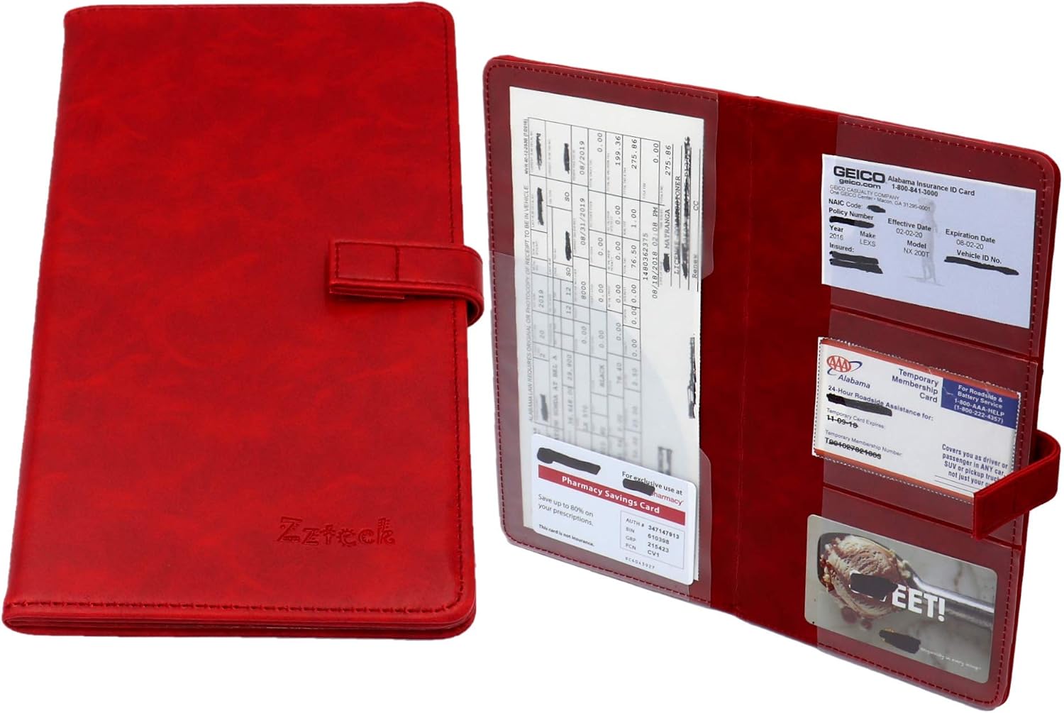 Zztech Car Registration and Insurance Holder, Luxury BN PU Leather Wallet Case for Glove Box Organizer