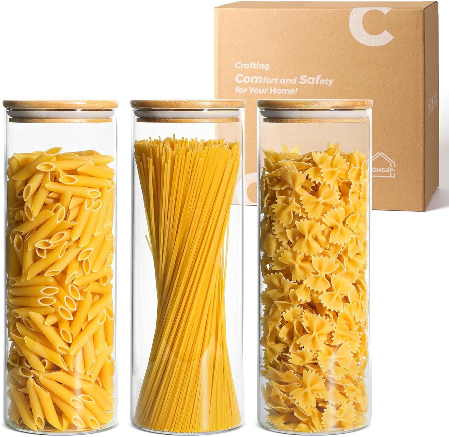 ComSaf Glass Spaghetti Pasta Storage Container with Lids Set of 3, Tall Clear Airtight Food Storage Jar with Cover Kitchen Pantry Storage Container for Noodles Flour Cereal Coffee Beans