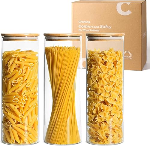 Comsaf - Juego de 3 tarros herméticos para almacenamiento de alimentos a granel, sin BPA, de vidrio de alto borosilicato, con tapa de bambú,