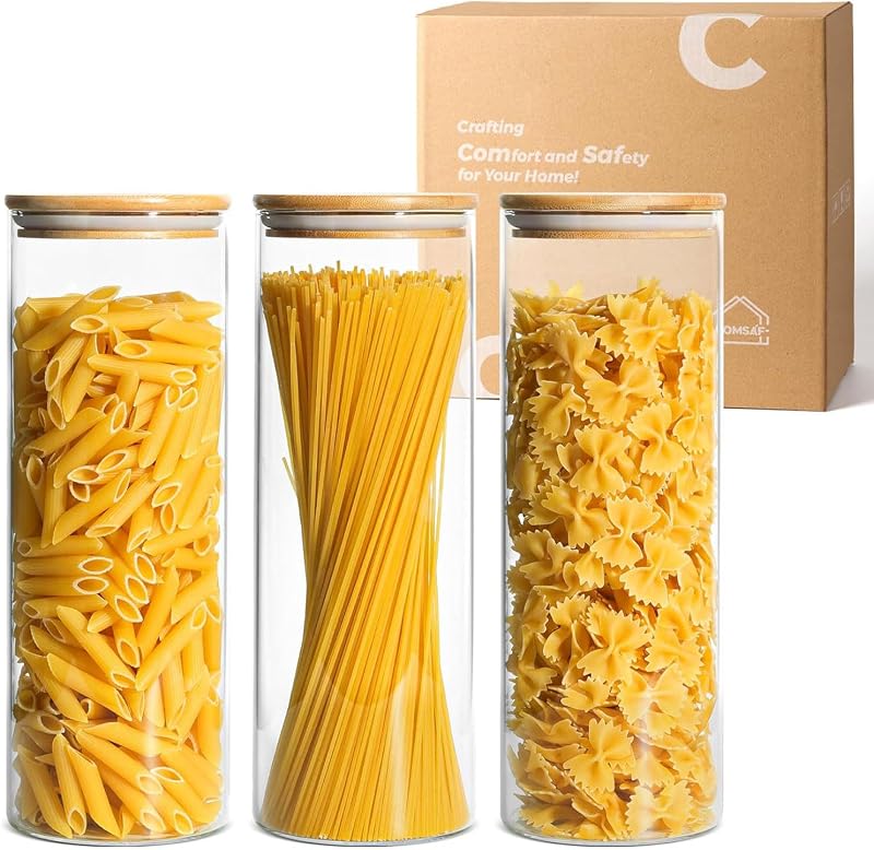 ComSaf Contenedores para pasta de almacenamiento de 2 cuartos, contenedor para espaguetis, paquete de 3 frascos de vidrio | Botes de vidrio de 11,3 pulgadas de alto, recipientes de almacenamiento de vidrio con tapas de 70oz, fideos, cereales, almacenamiento de alimentos secos en la cocina, sin BPA