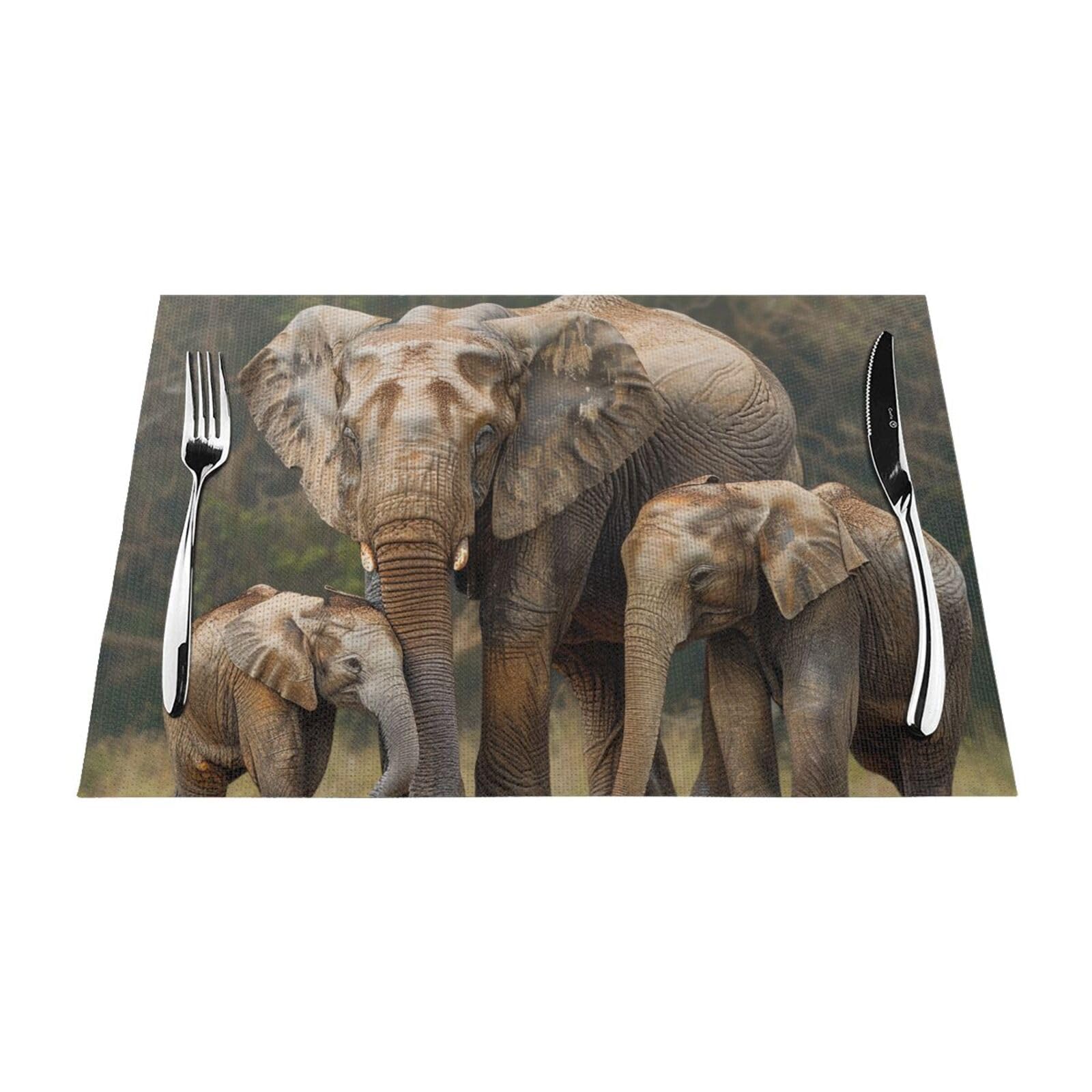 Elephant Family Printed PVC Placemat 1 PCS for Kitchen Dining Table Heat-resistand Washable Table Mats 18x12 in