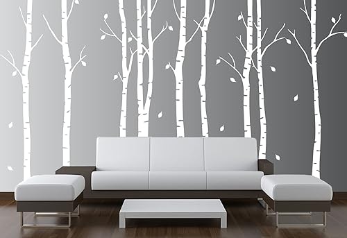 Calcomanía de vinilo de abedul para pared, diseño de bosque de vivero, ramas extraíbles, diseño de animales, hojas (9 árboles) #1263 (blanco mate,