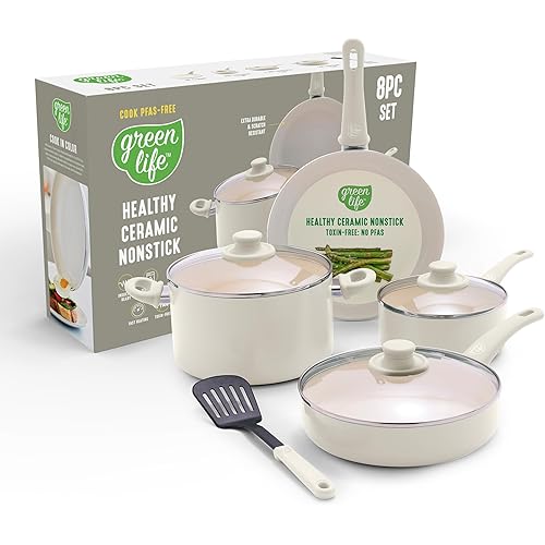 GreenLife 8 Piece Nonstick Cookware Set, Non-Toxic PFAS-Free Ceramic Pots & Pans, Dishwasher & Oven Safe, Frying, Sauce, Stock Pot, Glass Lids, Stay-Cool Handles, Wobble Free, Cream