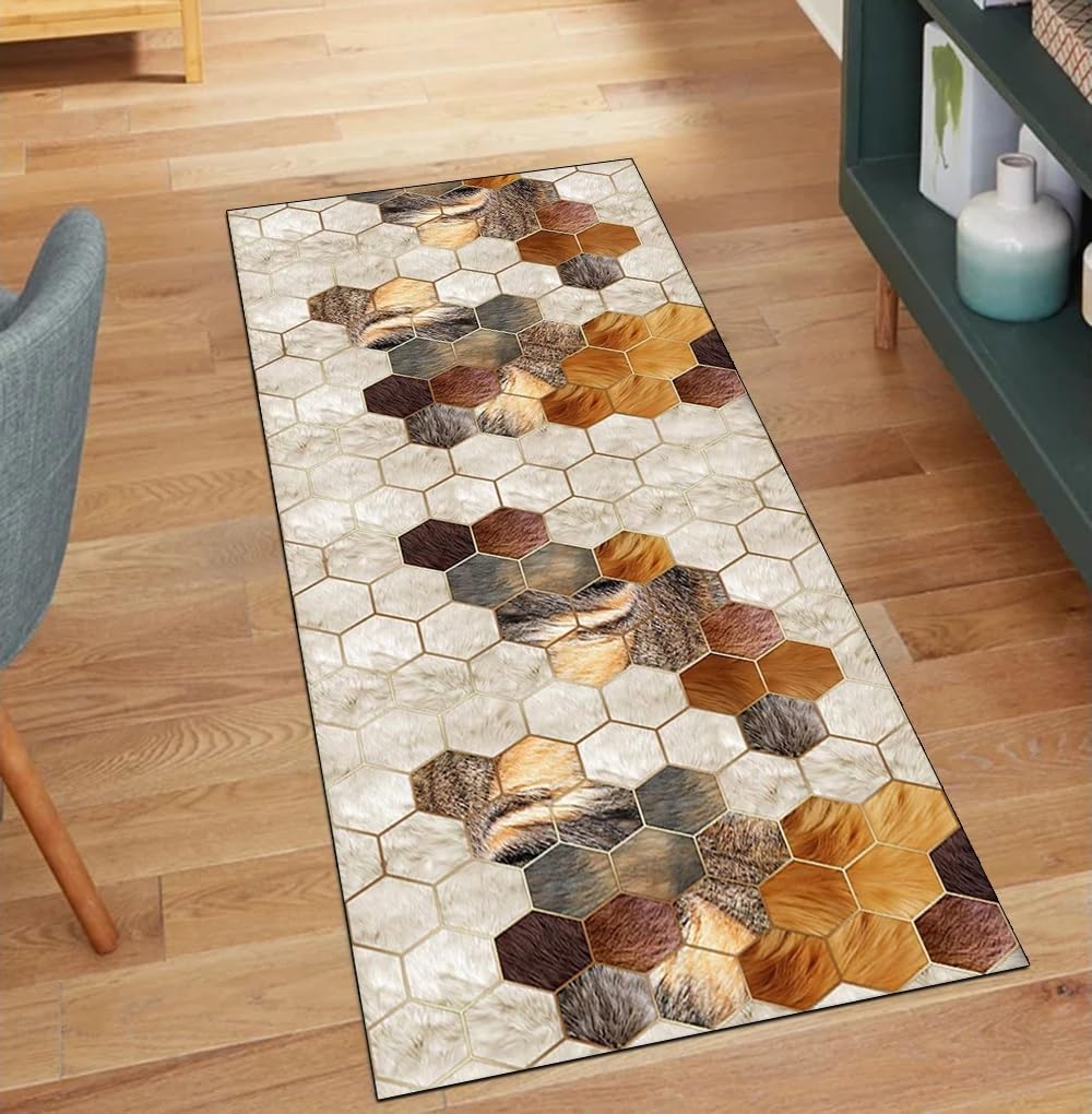 Alfombra de pasillo geométrica gris y naranja de poliéster 70x110 cm