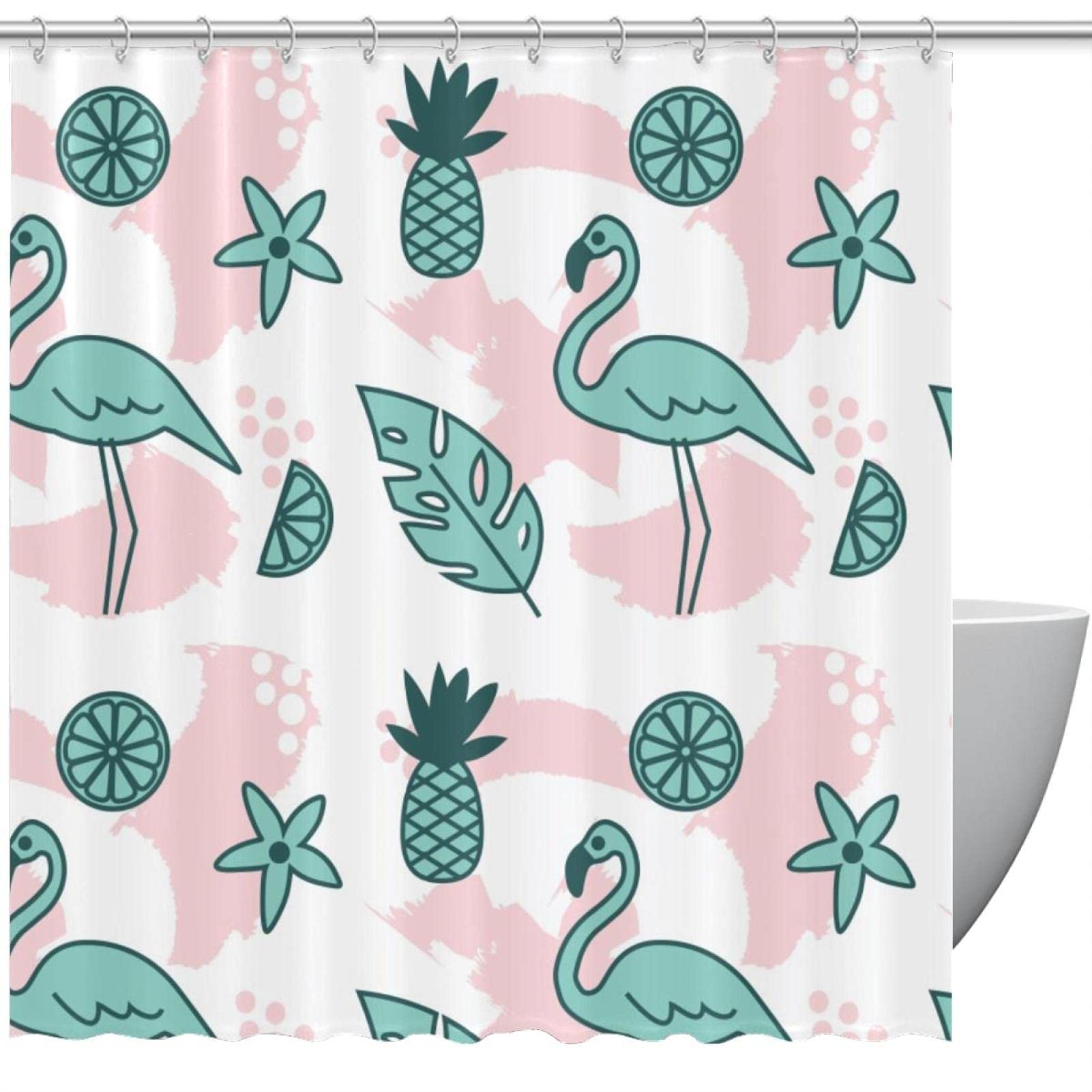 Rideau de douche sans odeur motif flamant rose imperméable avec ses 12 anneaux