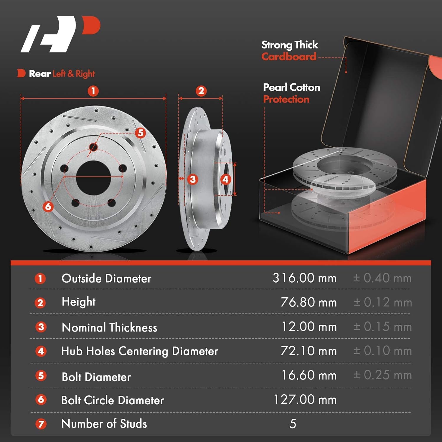 A-Premium 12.44 inch (316mm) Rear Drilled and Slotted Disc Brake Rotors + Ceramic Pads Kit Compatible with Select Jeep Models - Wrangler 2007-2017, Wrangler JK 2018, 6-PC Set