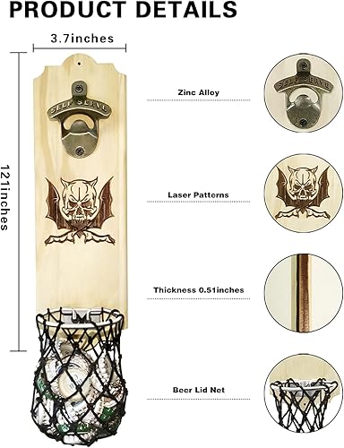 Miniatura 2 de KingLive Abridor de botellas de calavera montado en la pared, abridor de madera montado en la pared con atrapasueñas, abridor de botellas de