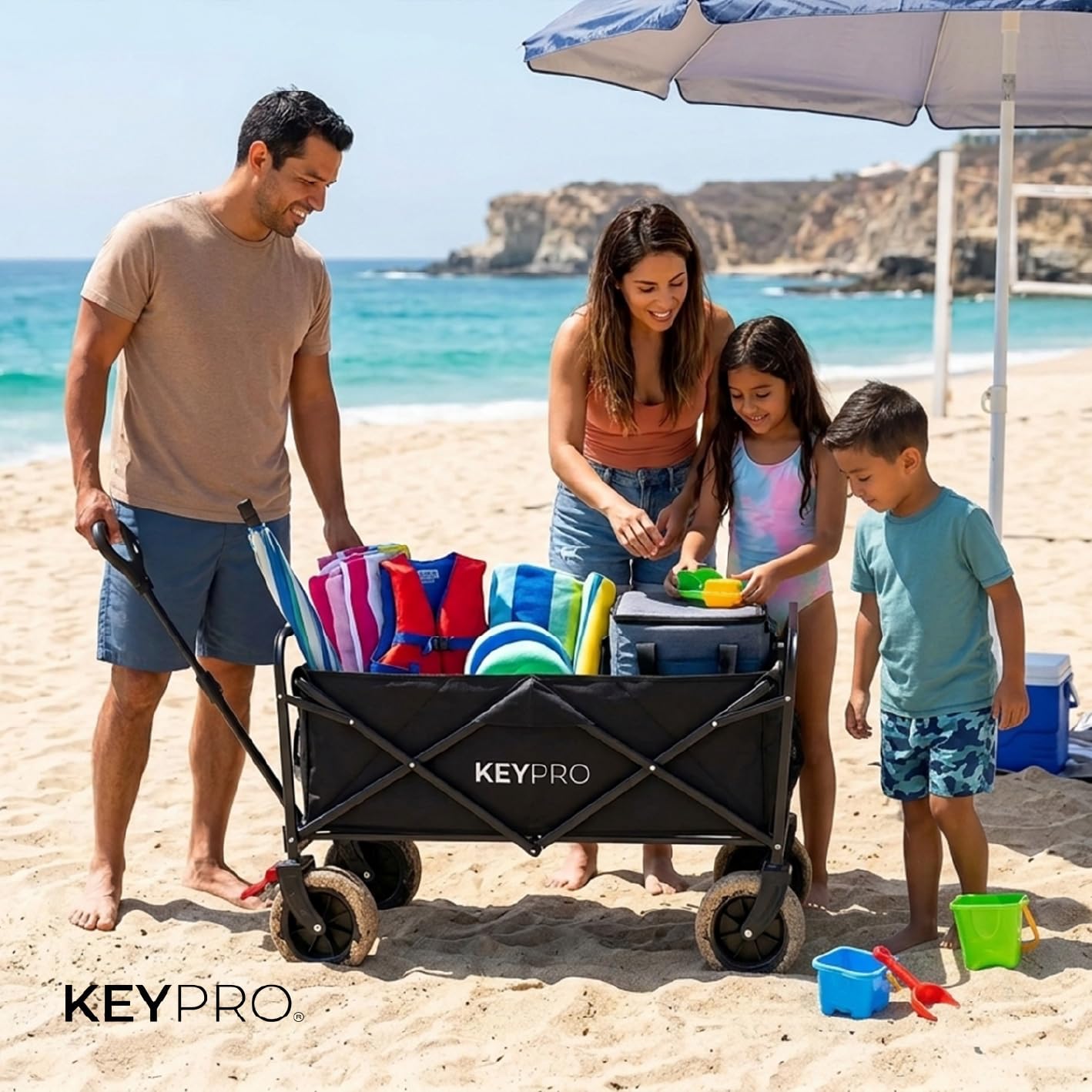 KEYPRO - Carro Plegable de Playa y Camping | Capacidad 150kg - 100 L | Ruedas Todoterreno | Frenos | Estructura Robusta | Carro Grande Multiusos | Carrito Plegable