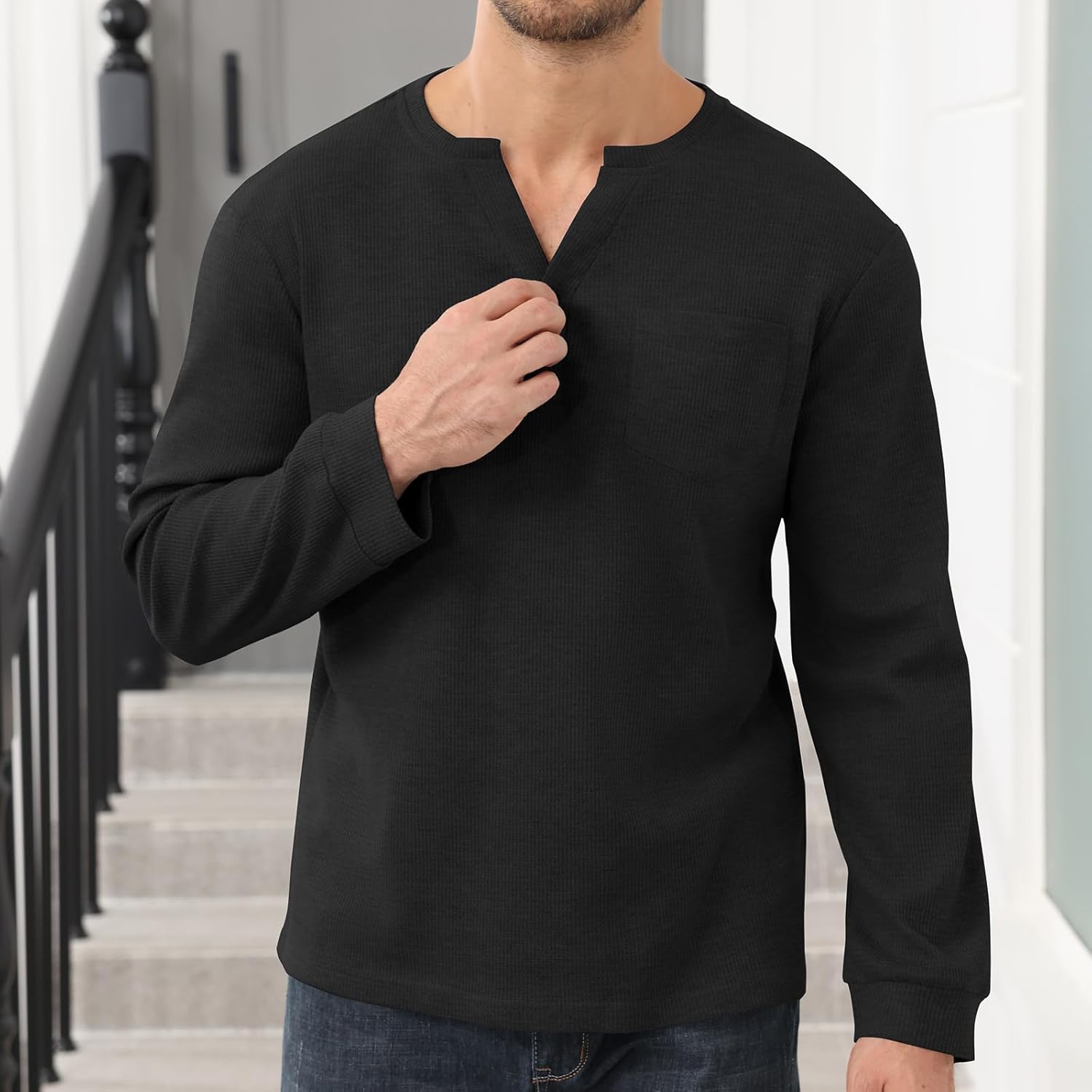 Uni Clau Men's Henley Shirts Long Sleeve Waffle Button Shirt Fall Fashion Casual Pullover Shirt - Image 3