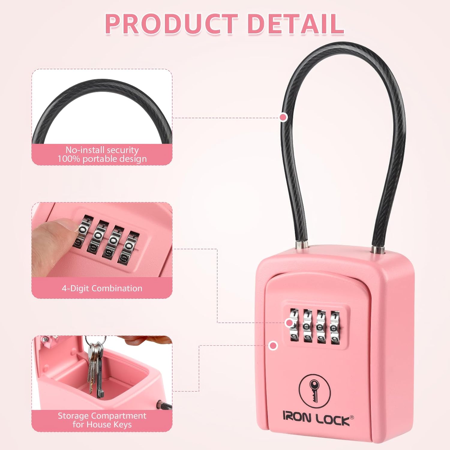 Iron Lock® Key Lock Box Portable with Cable Shackle – Small Waterproof Heavy-Duty Metal Safe with 4-Digit Combination for Spare Keys Outside on Door Knob, Fence, Pipe or Gate (Pink, Small)