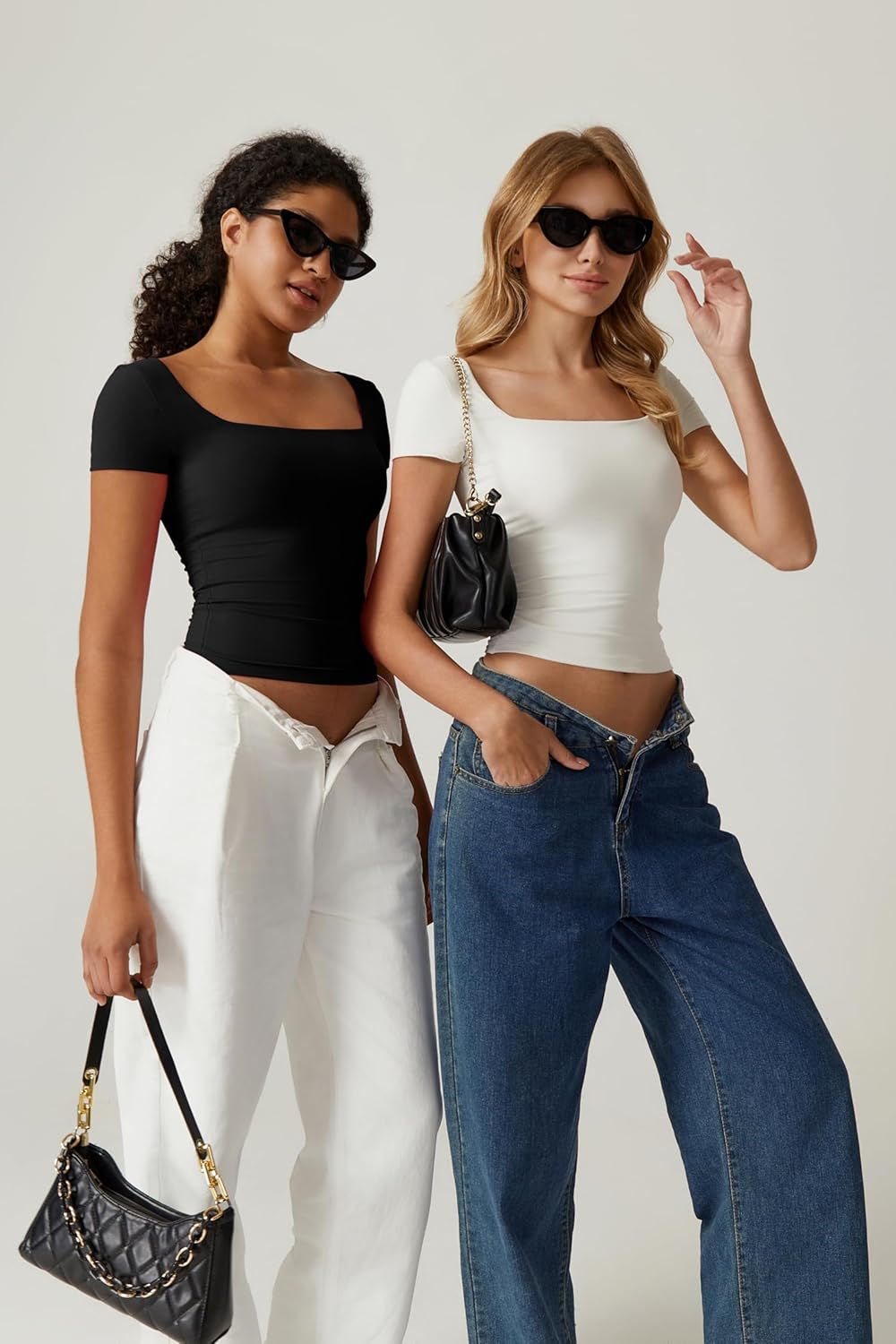 QINSEN Women's Square Neck Short Sleeve Double-Layer Tops Basic Slim Fit Going Out T Shirt - Image 6