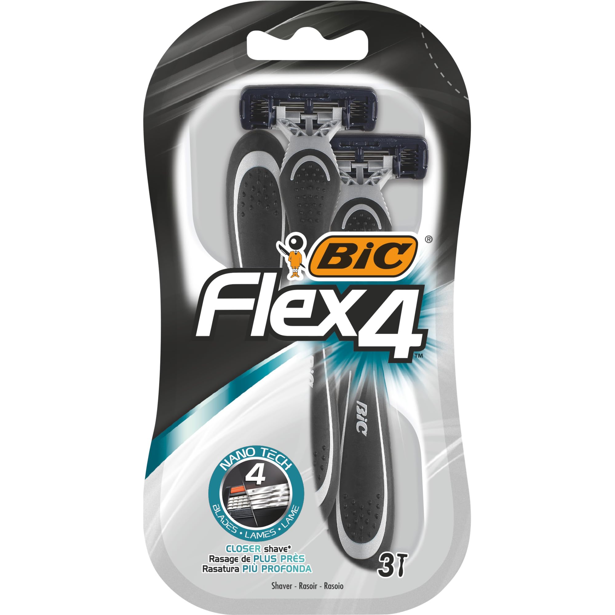 BIC Flex 4 Comfort men's razors with lubricating strip for a smooth and precise shave, Pack of 3 razors