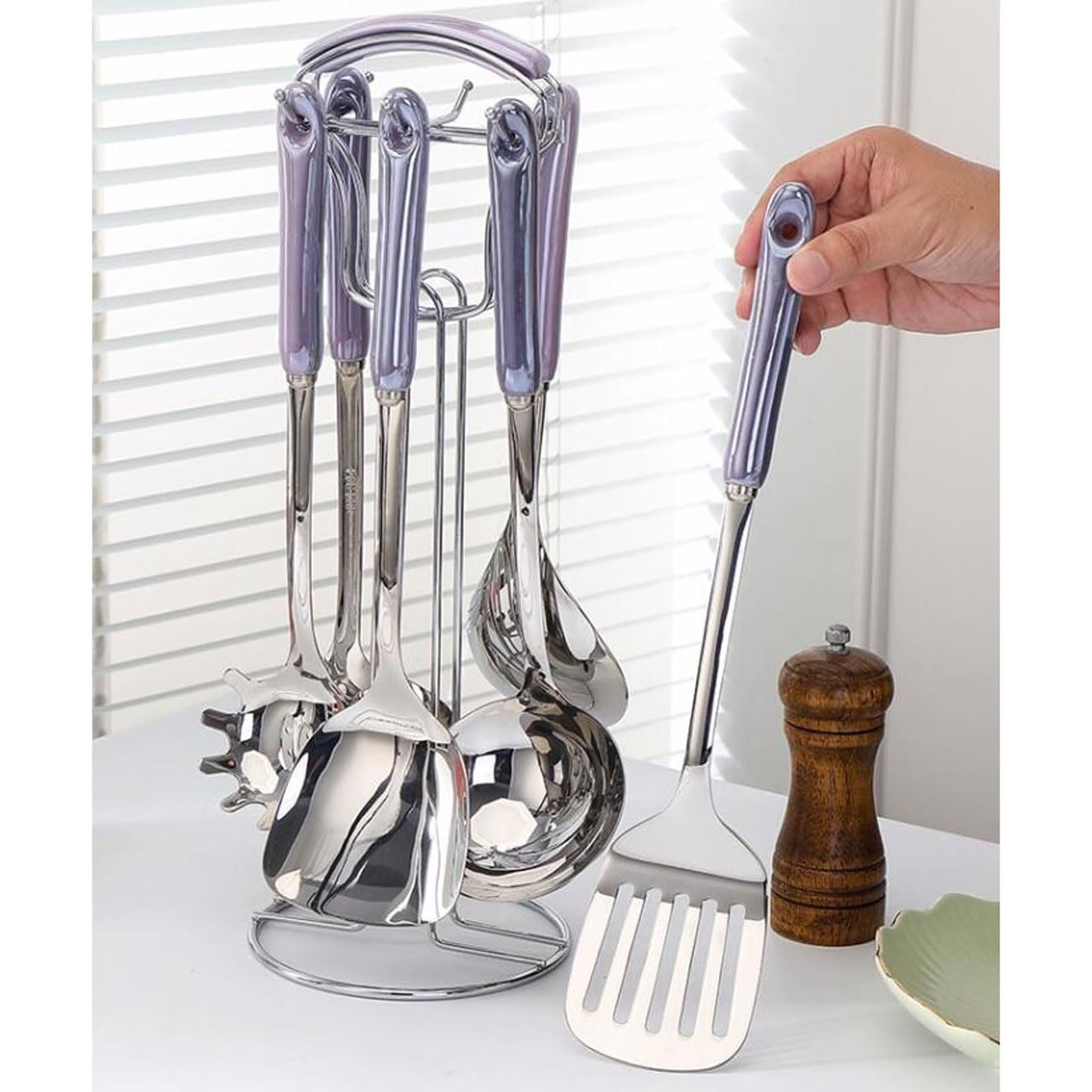 Kochspatel, Löffel, 7-teiliges Set, Kochutensilien aus 304 Edelstahl, Abtropflöffel, Gadgets, Küchengeschirr (Silber)