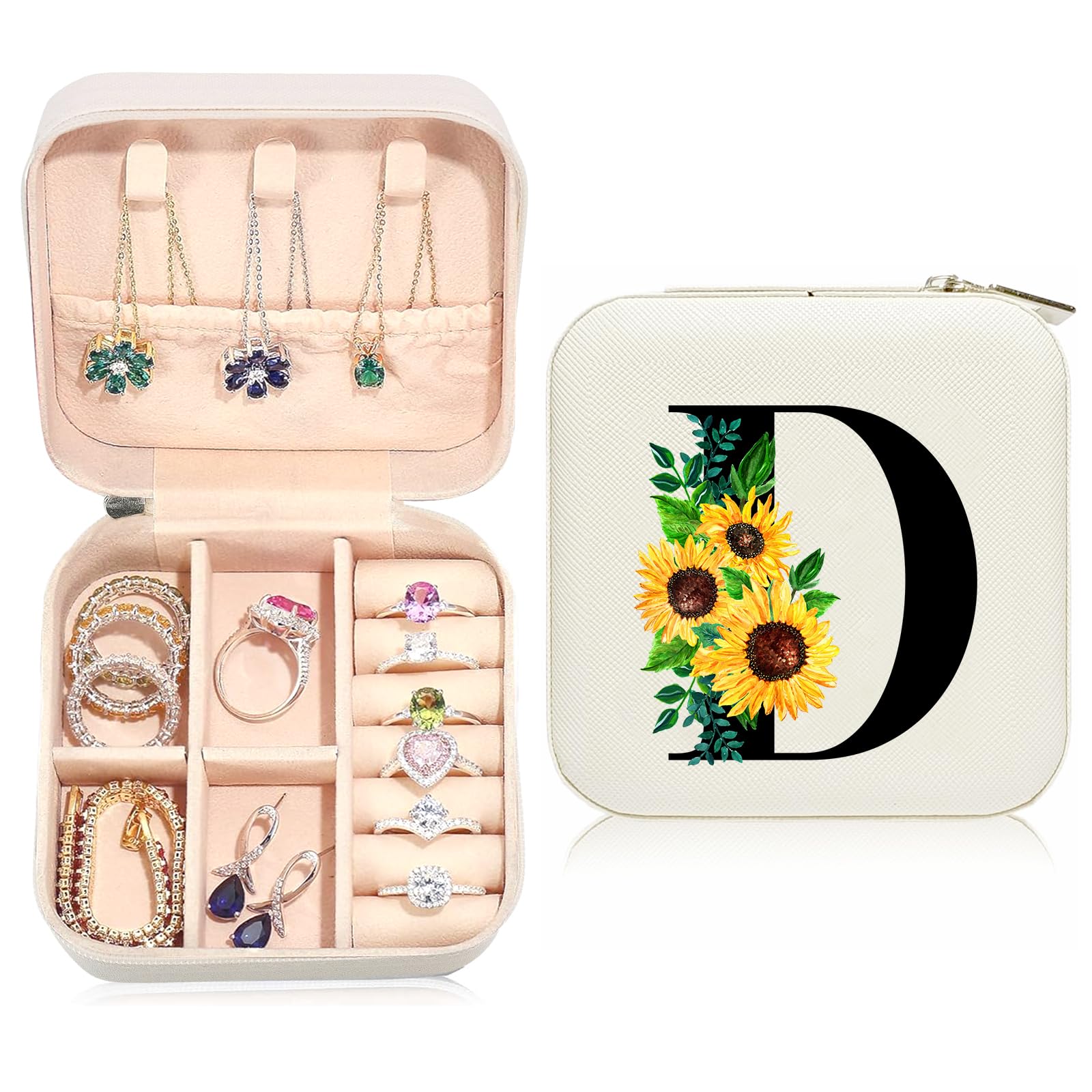 Ldntly Sunflower Jewelry Case,Sunflower Gifts for Women,Initial D Travel Jewelry Box,Valentine's Day Gift Easter Personalized Gifts for Teen,Mom,Wife,