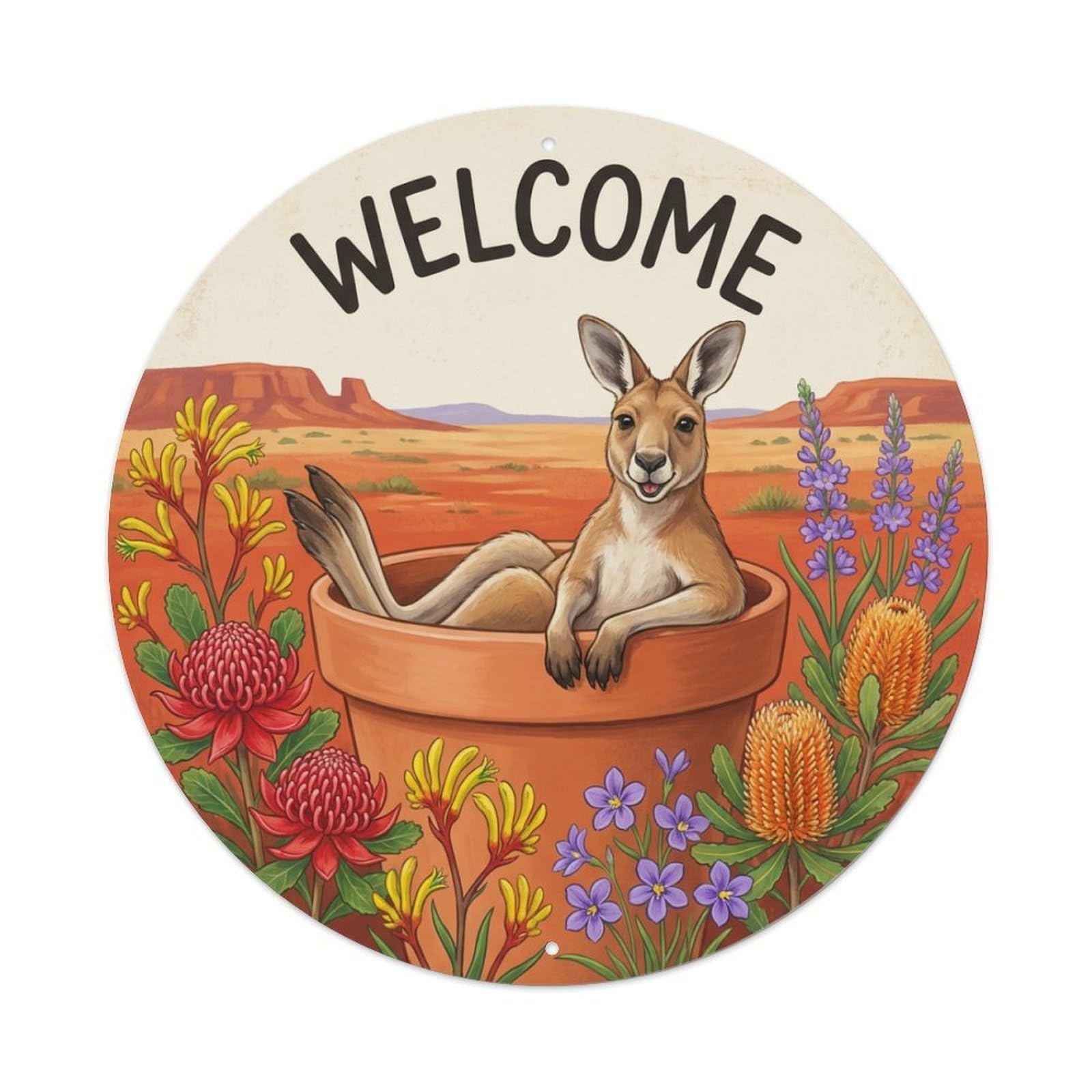 Welcome Kangaroo Outback Bloom Metal Tin Sign