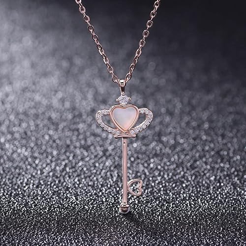 925 Sterling Silver Heart Shell Crown Key Pendant Clavicle Chain Necklace For Women Wedding Party Dress Jewelry Accessories Gift-Rose Gold - Rose Gold